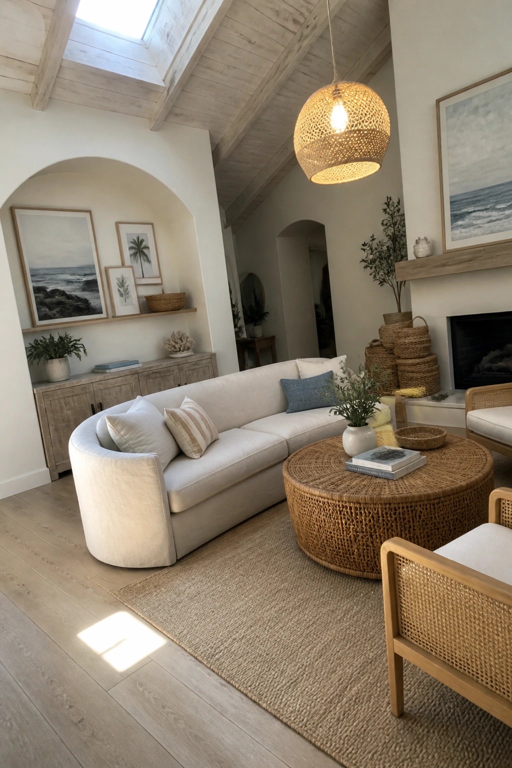 A bright living room with a curved off-white linen sofa, round rattan coffee table, woven pendant light, and coastal artwork on the walls.