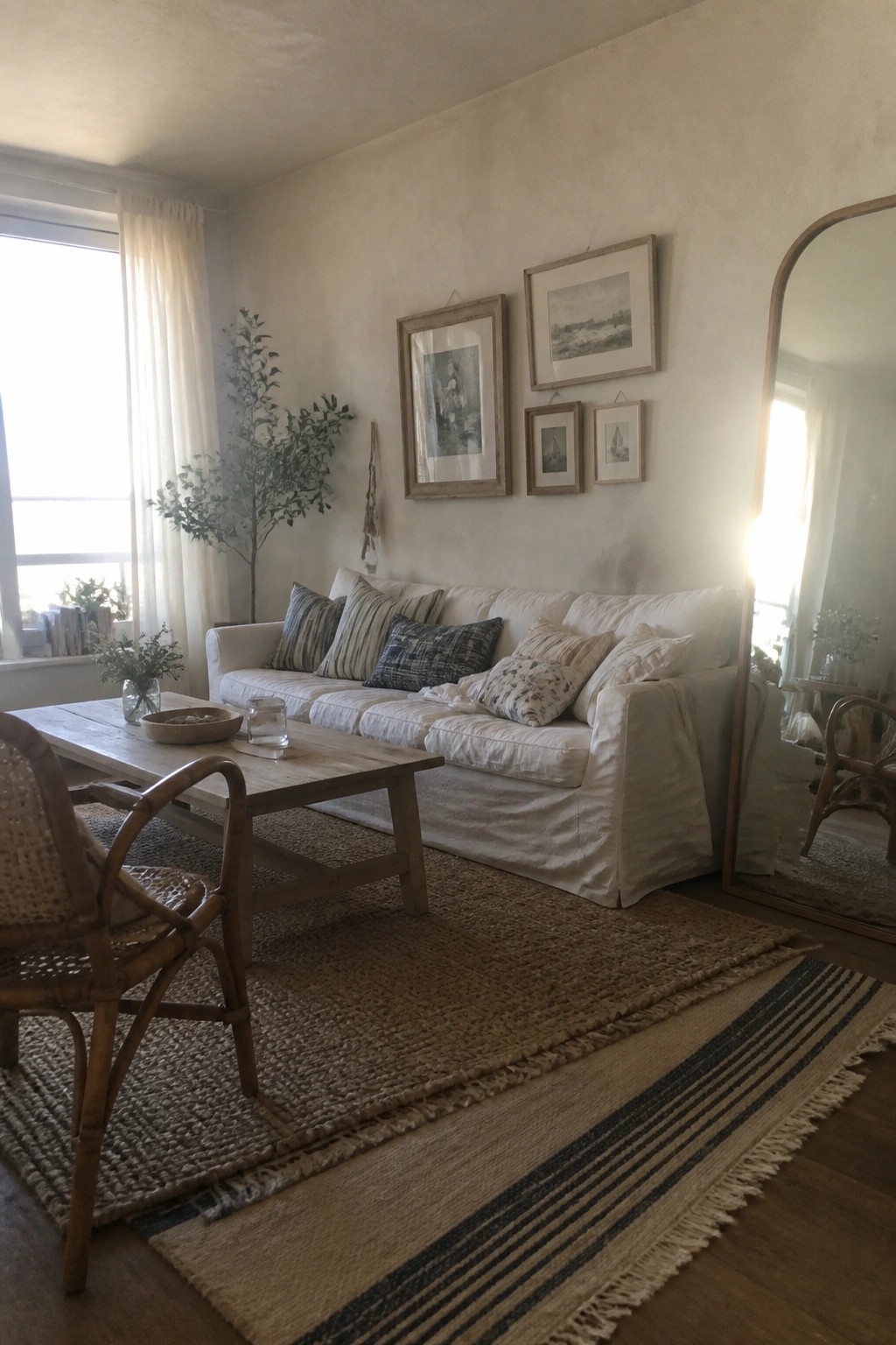 Cozy living room with white sofa, wooden coffee table, jute rugs, and gallery wall
