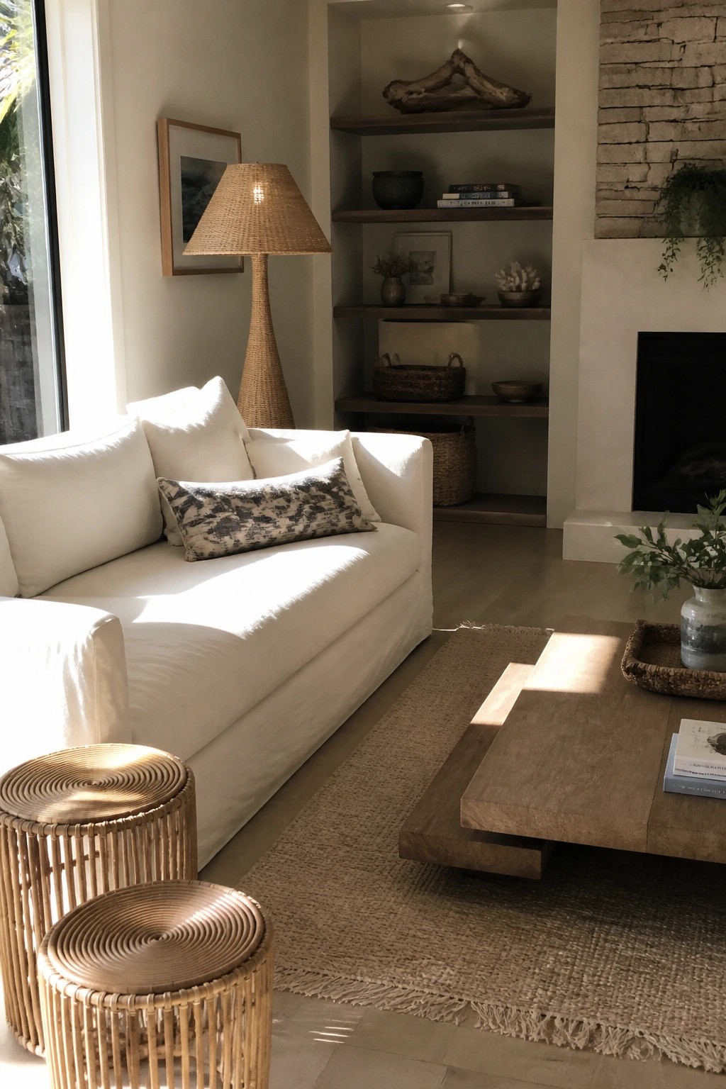 Sunlit living room with white sofa, rattan stools, woven lamp, and wooden table