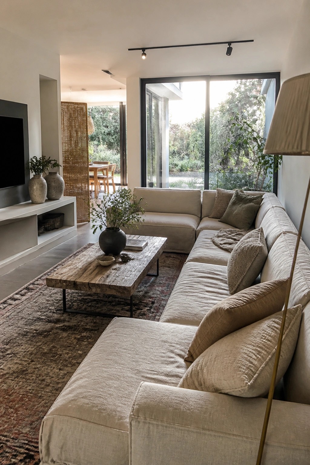 A bright living room with a large L-shaped beige linen slipcovered sectional sofa, a rustic wood coffee table on a patterned rug, and large glass doors leading to an outdoor area.