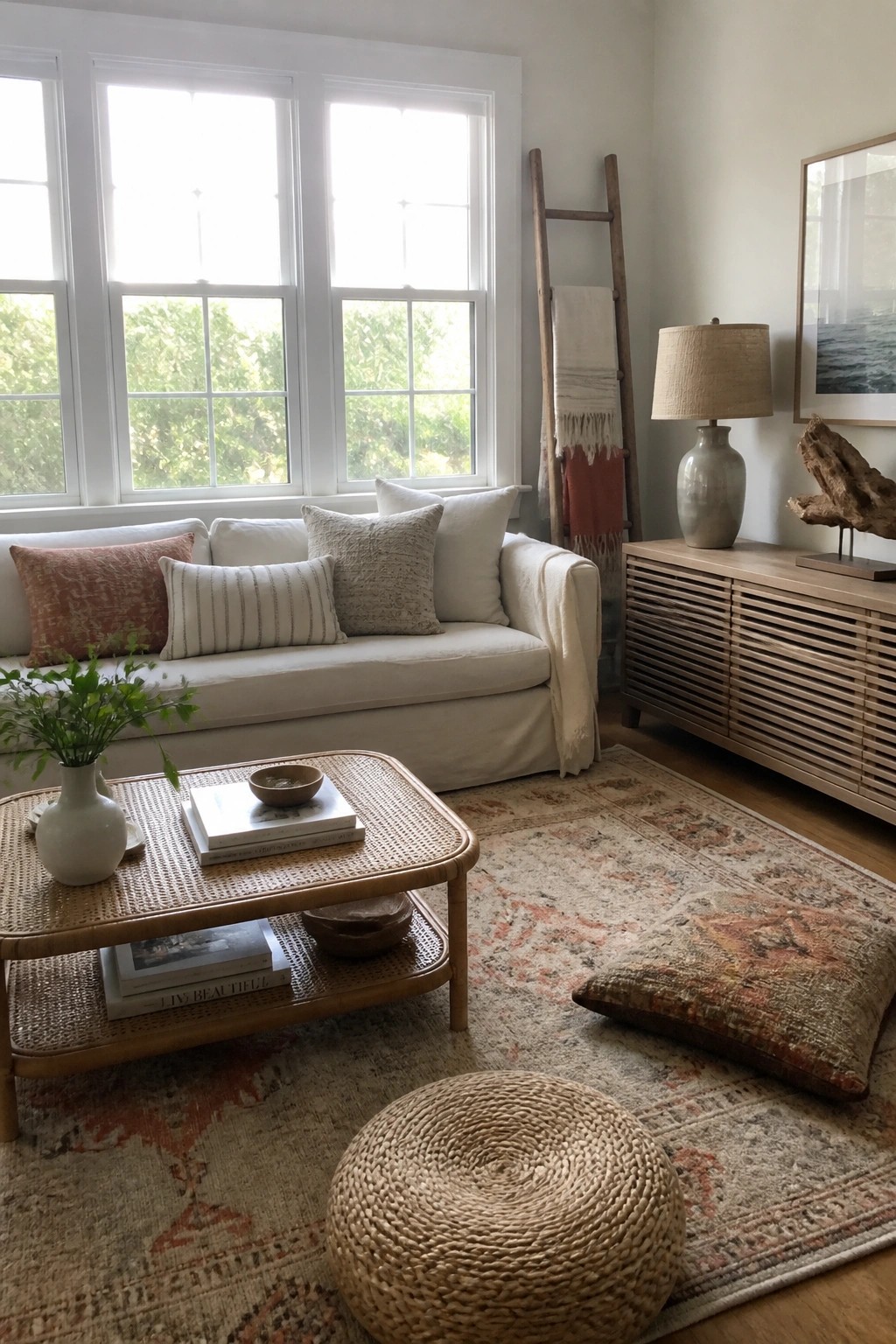 A living room with a white linen slipcovered sofa under three windows, a rattan coffee table on a patterned rug, and a wooden sideboard along the right wall.