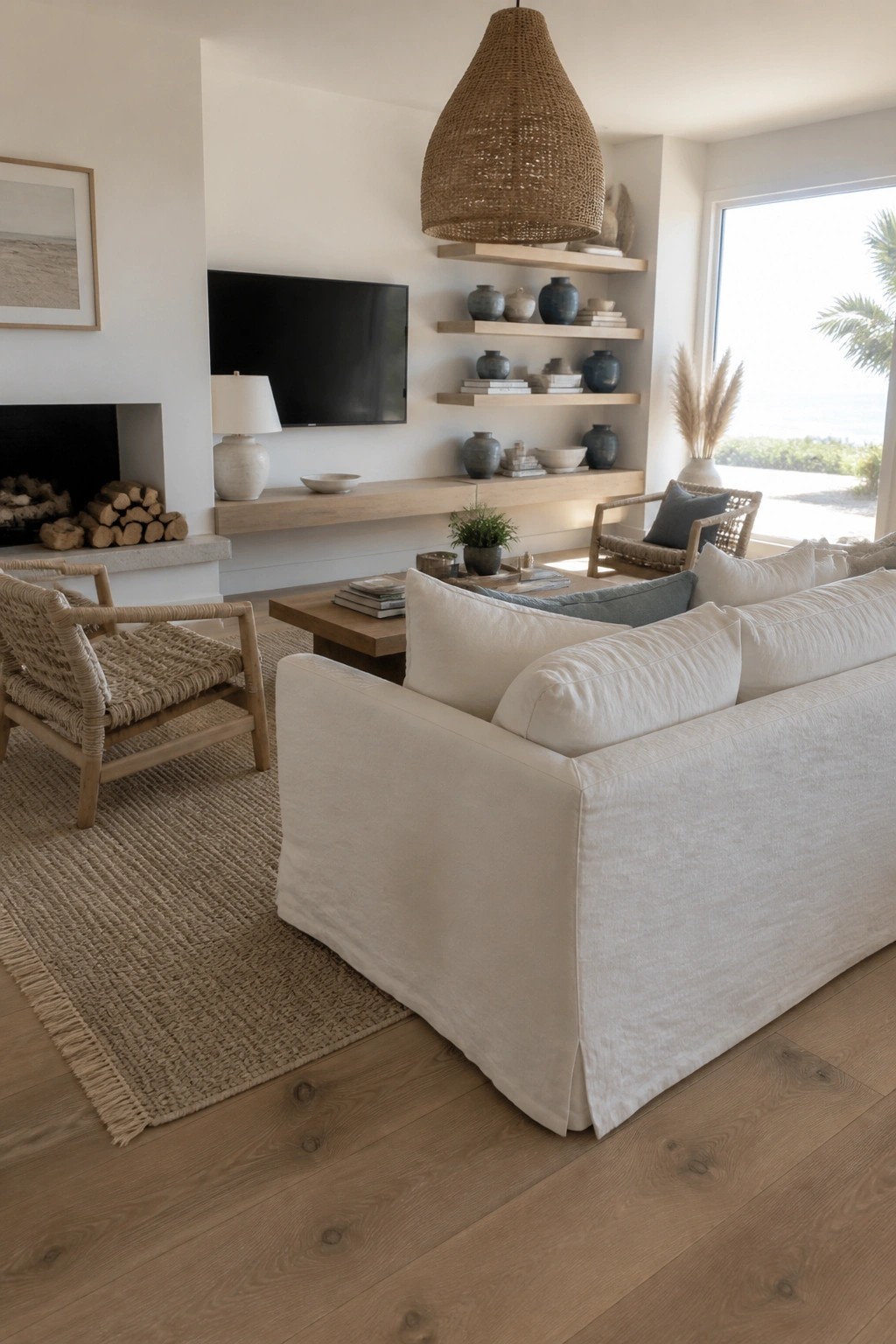 A bright living room featuring a large white linen slipcovered sofa in the foreground, a wooden coffee table, woven armchairs, floating wood shelves with pottery, and a mounted television above a low console.