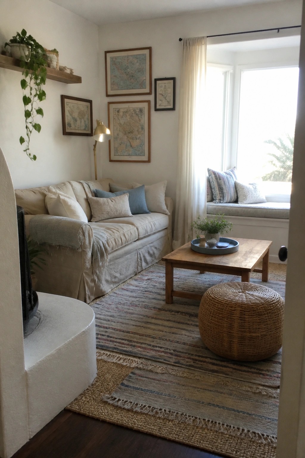 A living room with a beige linen slipcovered sofa, layered rugs, a wooden coffee table, and framed maps on the wall.