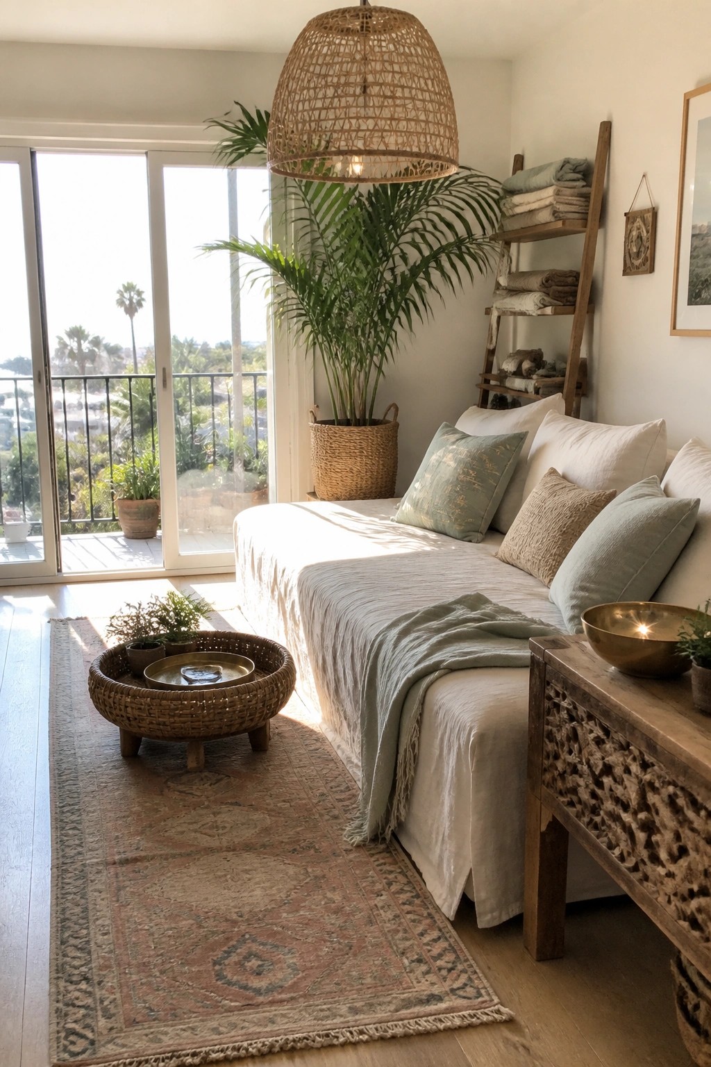 A bright living room featuring a long white linen slipcovered sofa, a large woven pendant light, potted palms, a patterned rug, and glass doors leading to a balcony.