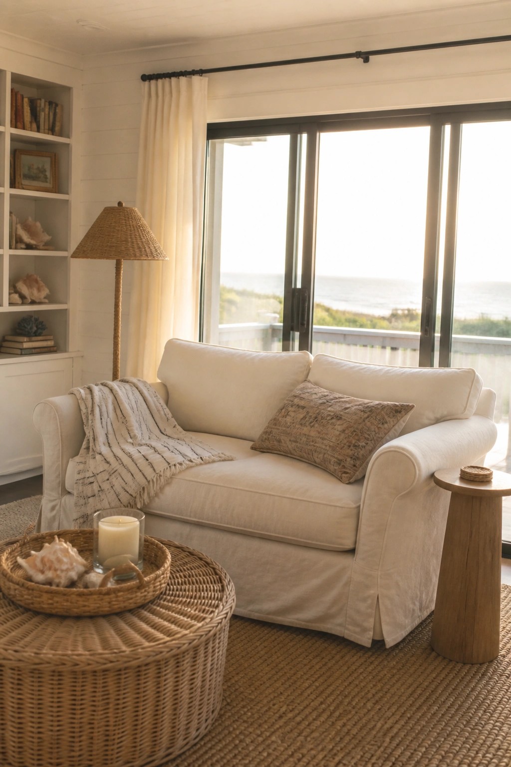 A white linen slipcovered sofa sits in a bright living room facing large glass doors with an ocean view, next to a round woven coffee table and built-in shelves.