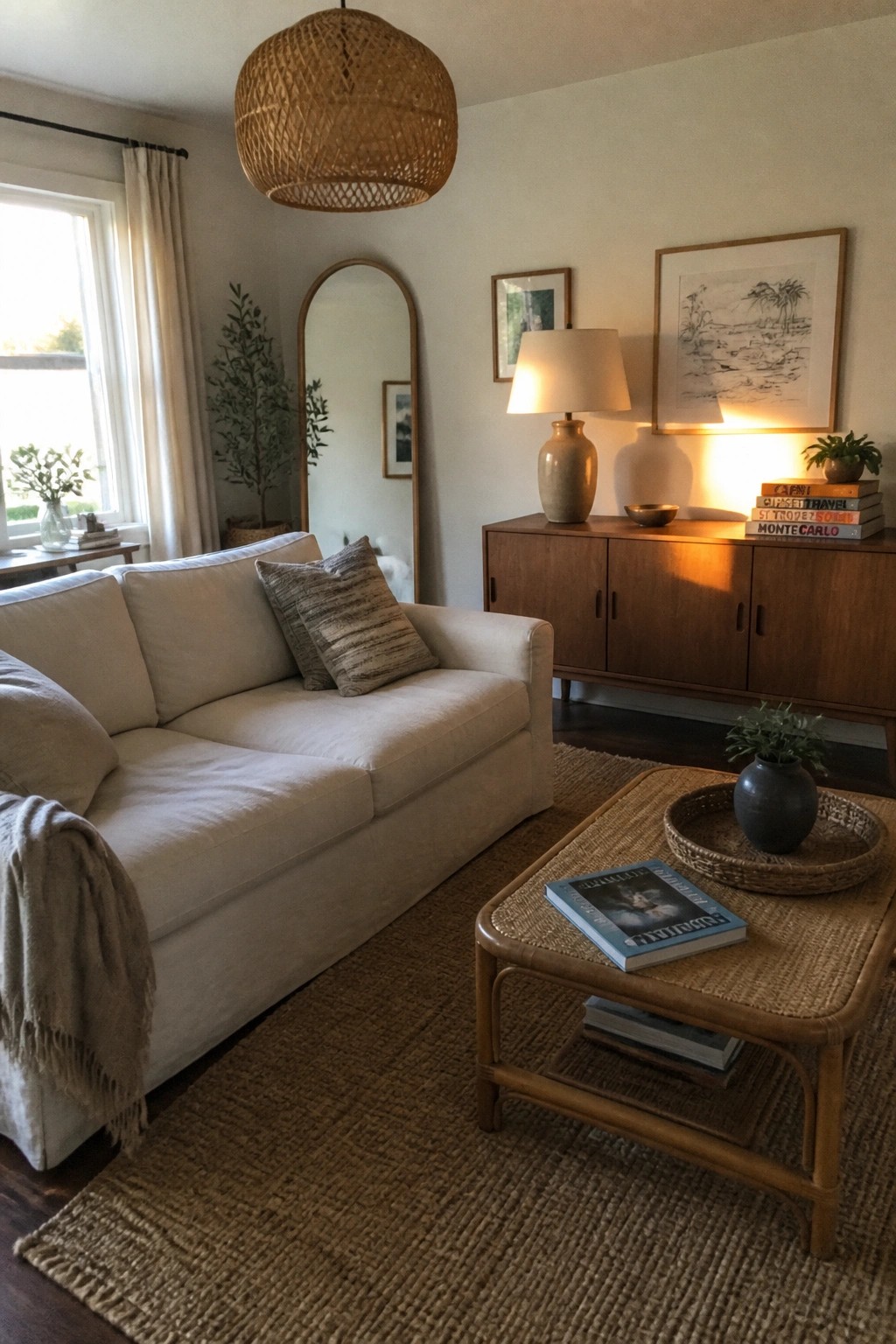 A living room with a white linen slipcovered sofa on a jute rug, a rattan coffee table, a woven pendant light, and a wooden console with framed art above it.