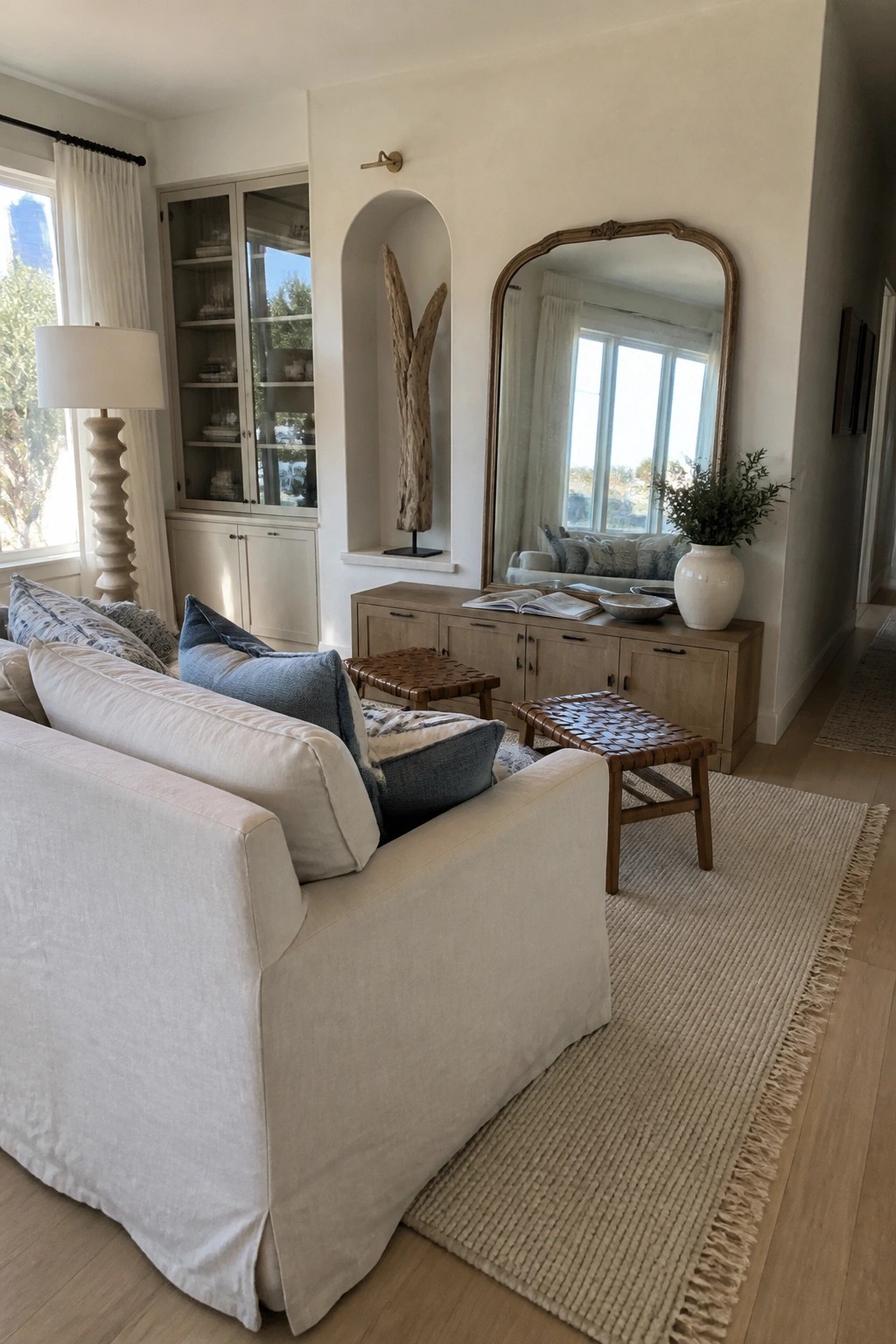 A living room featuring a white linen slipcovered sofa in front of a light wood console, woven leather stools, and a large arched mirror on an off-white wall.