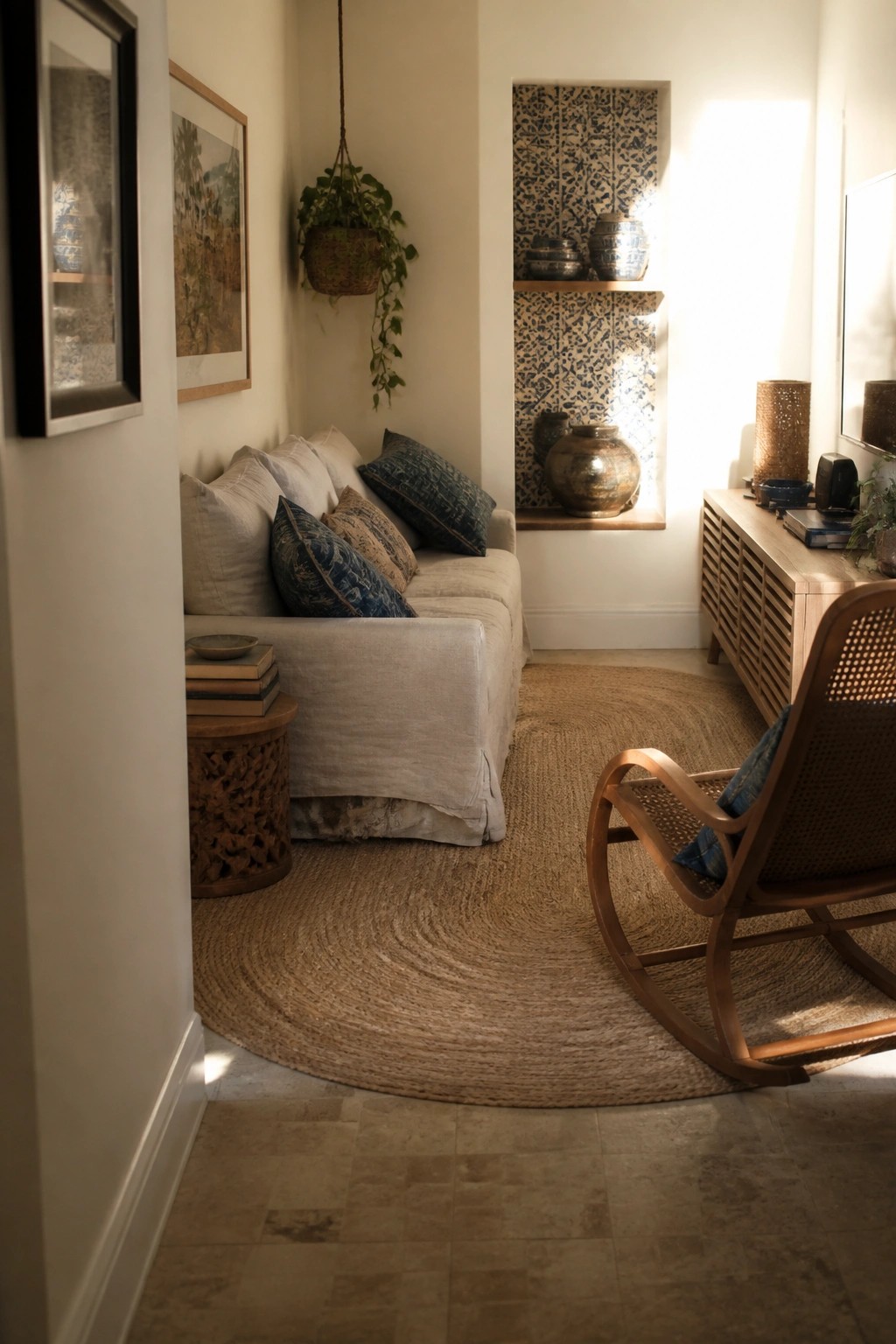 A living room with a light linen slipcovered sofa, blue patterned pillows, a round jute rug, wooden rocking chair, and built-in shelves holding pottery.