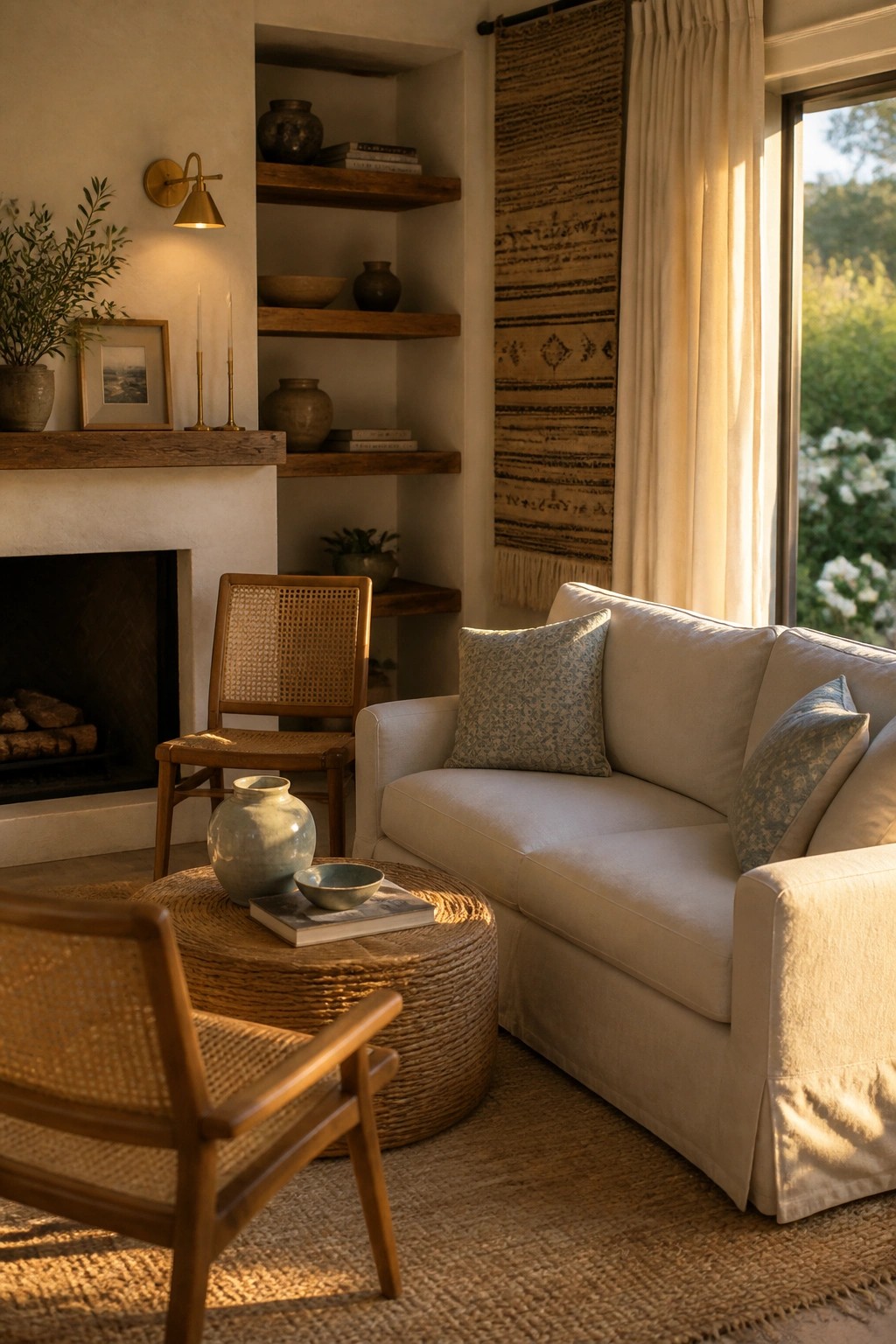 A living room featuring a white linen slipcovered sofa with blue patterned pillows, a round woven coffee table, two cane chairs, and wooden built-in shelves next to a fireplace.