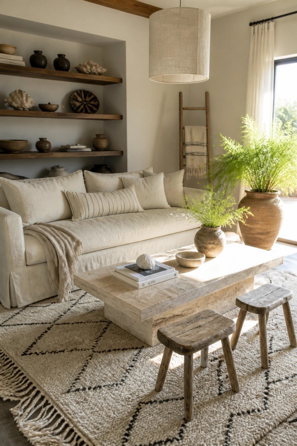 A living room with a white linen slipcovered sofa, a rectangular stone coffee table, two wooden stools on a patterned rug, and built-in wooden shelves with pottery and books.