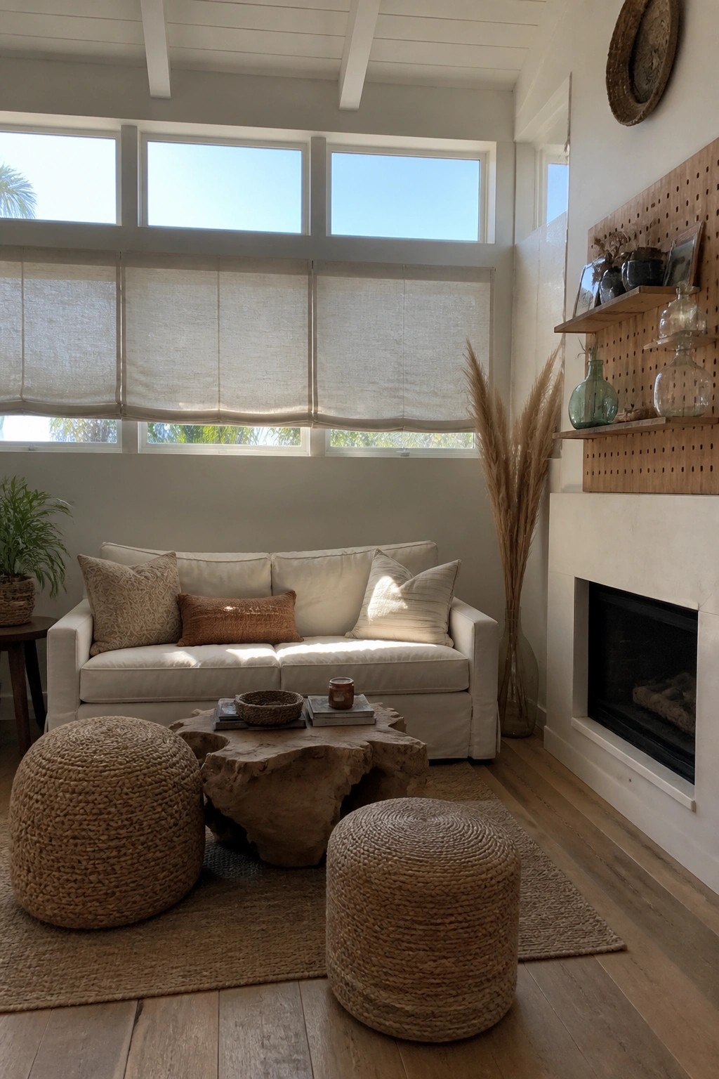 Cozy neutral living room with white sofa, live-edge wood table, woven poufs, and fireplace