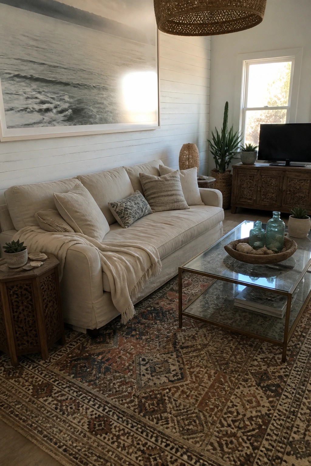A living room with a beige linen slipcovered sofa, patterned area rug, glass coffee table, large wave artwork on white shiplap wall, and wooden side pieces.
