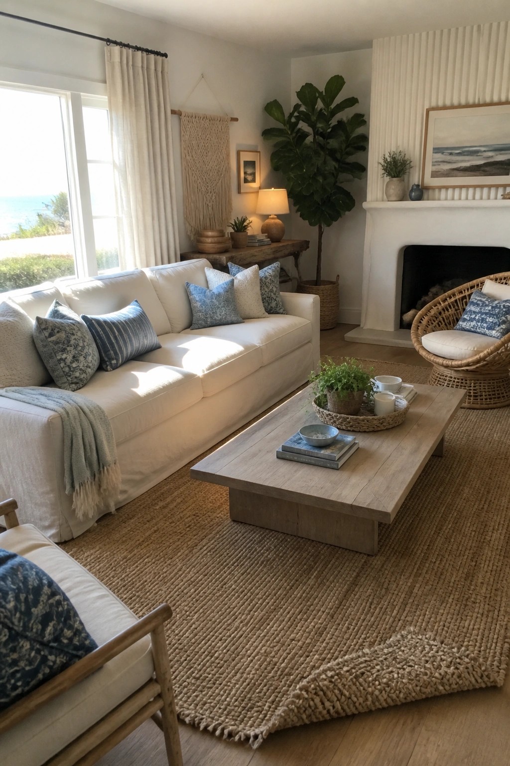 A bright living room with a white linen slipcovered sofa, wooden coffee table on a jute rug, and a wicker chair near a white fireplace.