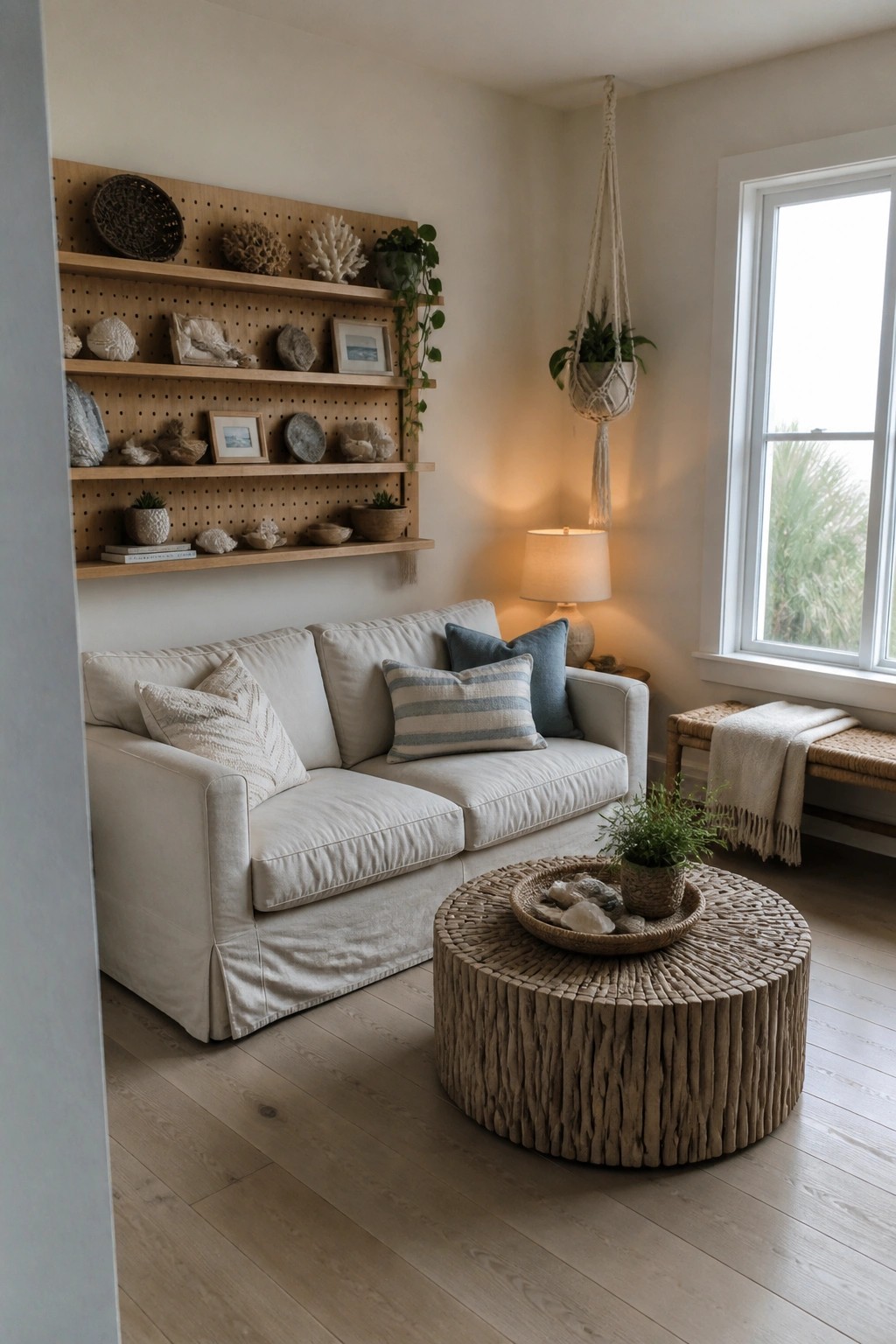 A living room with a white linen slipcovered sofa in front of wooden pegboard shelves holding seashells, coral, and small plants, plus a round woven coffee table.