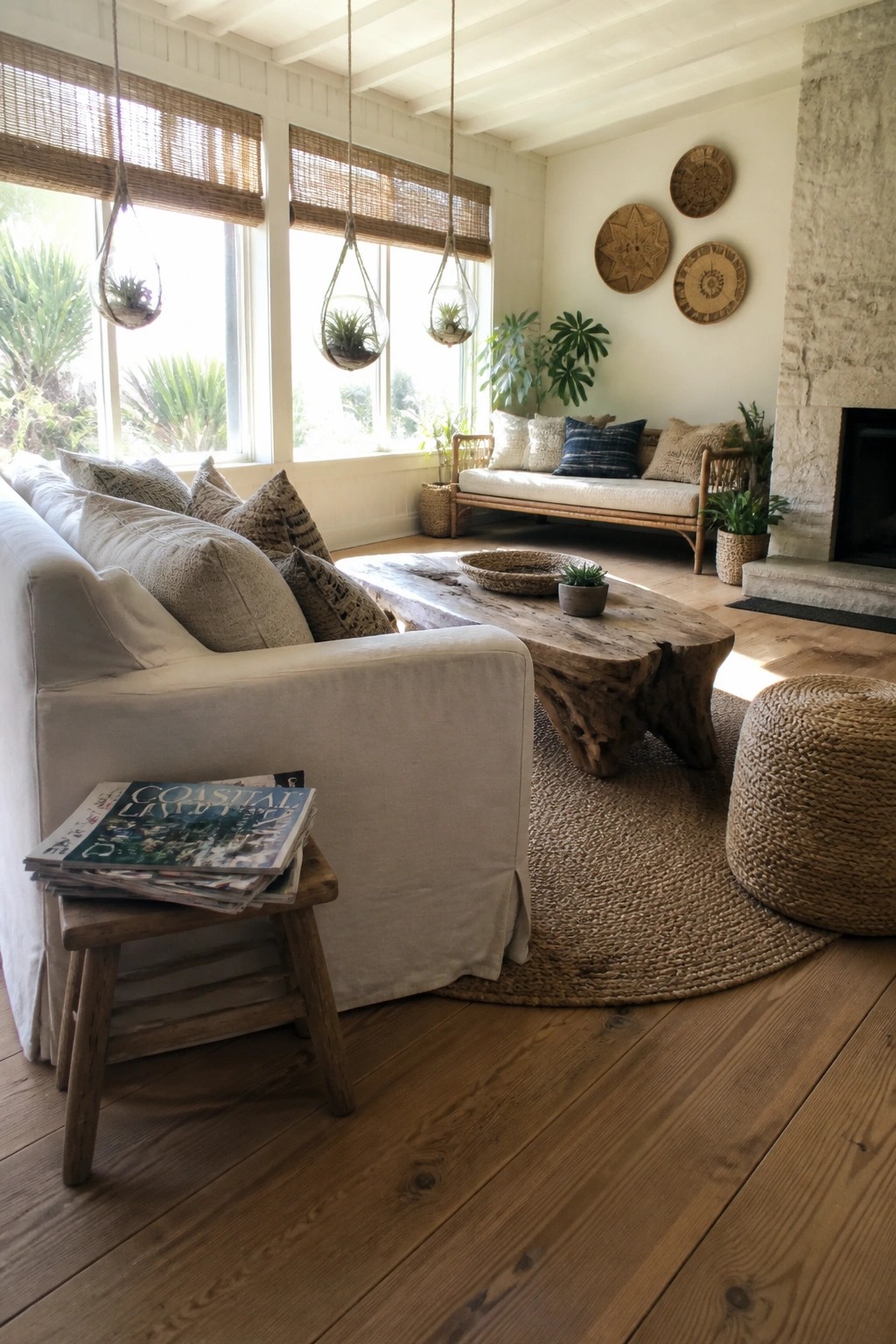 A bright living room featuring a white linen slipcovered sofa facing a live-edge wood coffee table on a round jute rug, with large windows and hanging plants.
