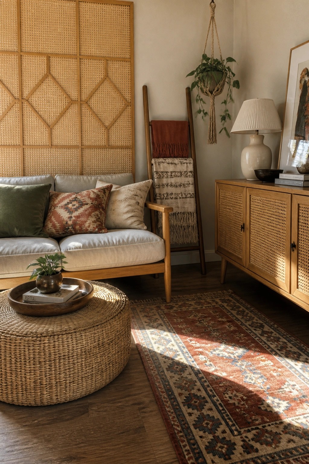A living room corner with a light wood sofa against a large rattan wall panel, a woven ottoman in front, and a rattan sideboard to the side.