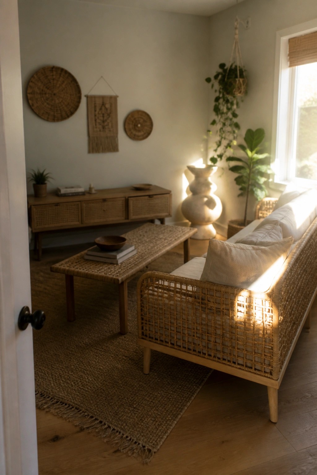 A living room featuring a rattan sofa, light wood coffee table, woven wall hangings, and a jute rug.