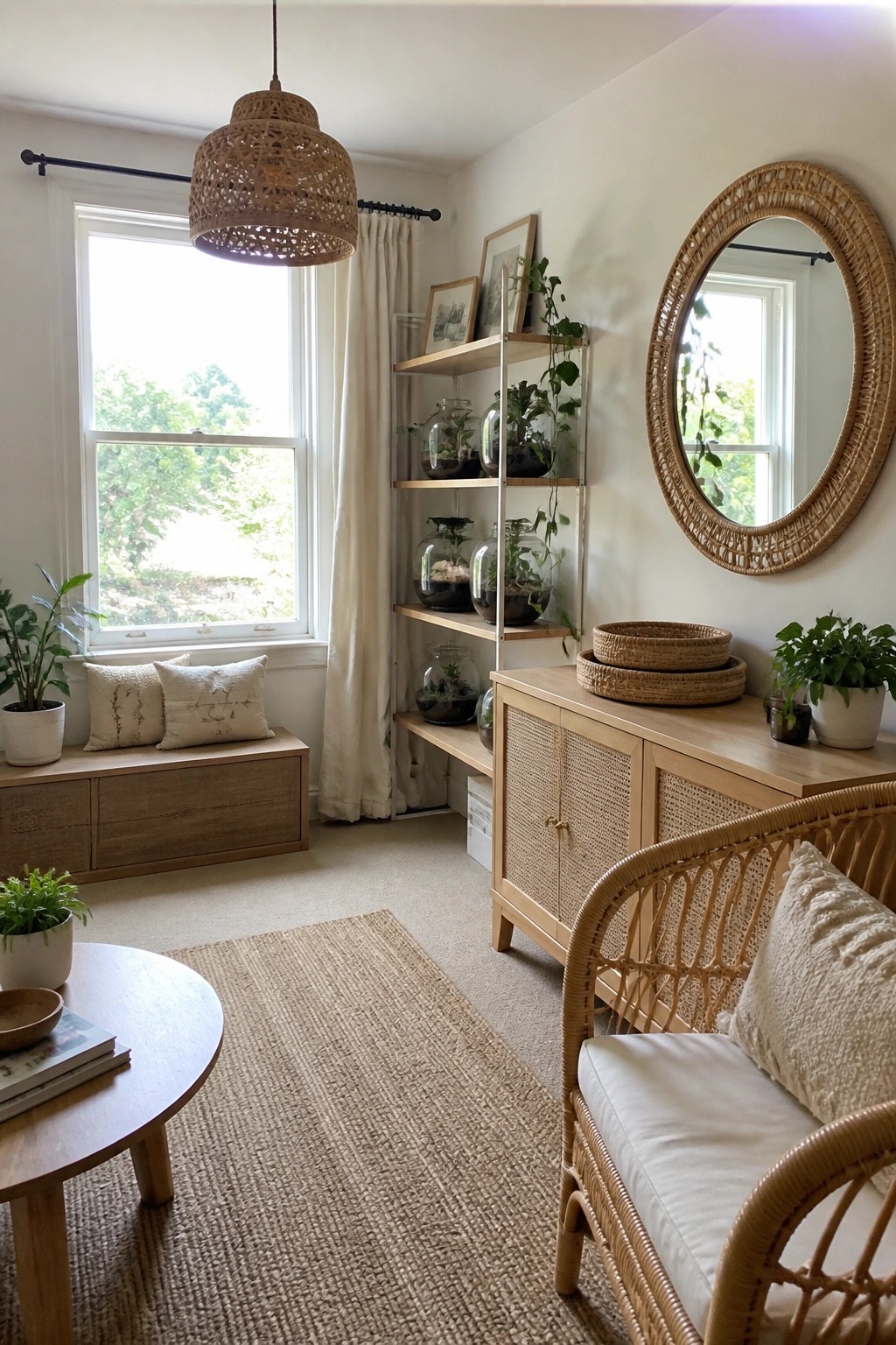 A living room with a rattan armchair in the foreground, a light wood cabinet with cane doors, open shelving holding glass terrariums, and a large round rattan mirror on the wall.