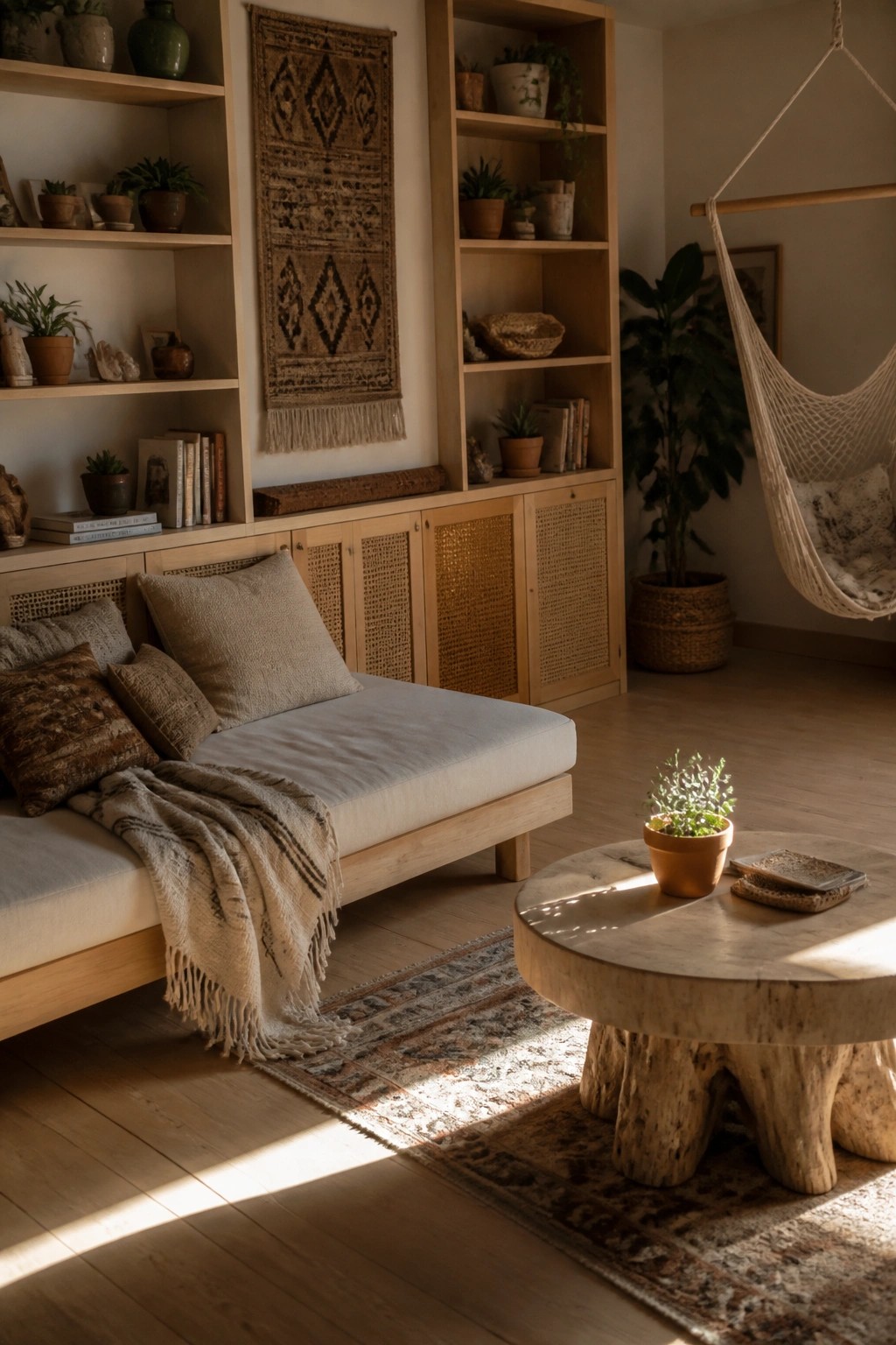 Cozy bohemian room with wooden daybed, round table, plants, shelves, and hanging hammock.