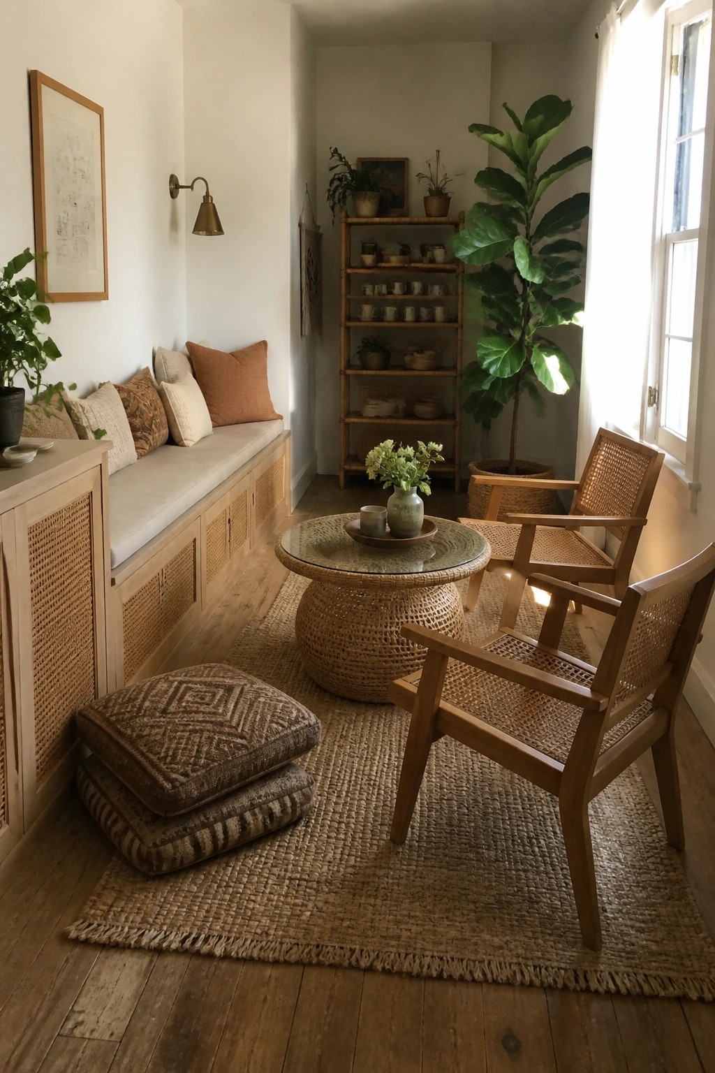 A living room interior showing a built-in bench with rattan doors, two rattan armchairs, a round woven coffee table, and a large potted plant on a woven rug.