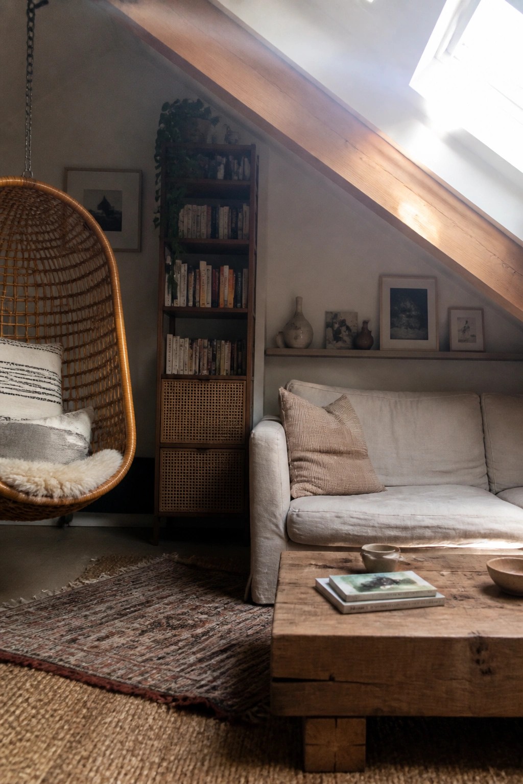 A cozy living room featuring a tall wooden built-in bookshelf against a sloped wall, a hanging rattan chair, a light-colored sofa, and a wooden coffee table on layered rugs.