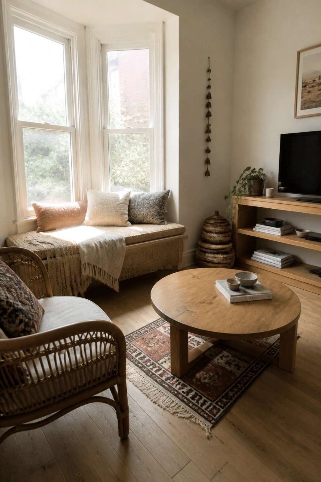 Living room interior showing a rattan armchair, round light wood coffee table on a patterned rug, and a built-in window seat with pillows.