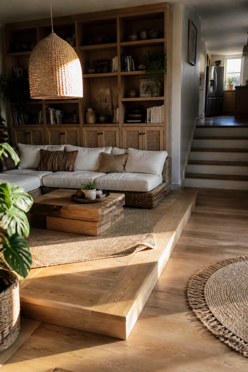 A living room featuring a white sectional sofa on a raised light wood platform in front of built-in wooden shelving filled with books and plants, with a large woven pendant light hanging above.