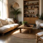A bright living room featuring a light wood sofa, rattan seating, a wooden coffee table on a round jute rug, and built-in light wood shelves holding plants and pottery.