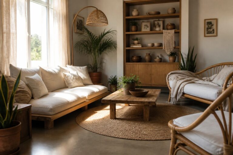 A bright living room featuring a light wood sofa, rattan seating, a wooden coffee table on a round jute rug, and built-in light wood shelves holding plants and pottery.