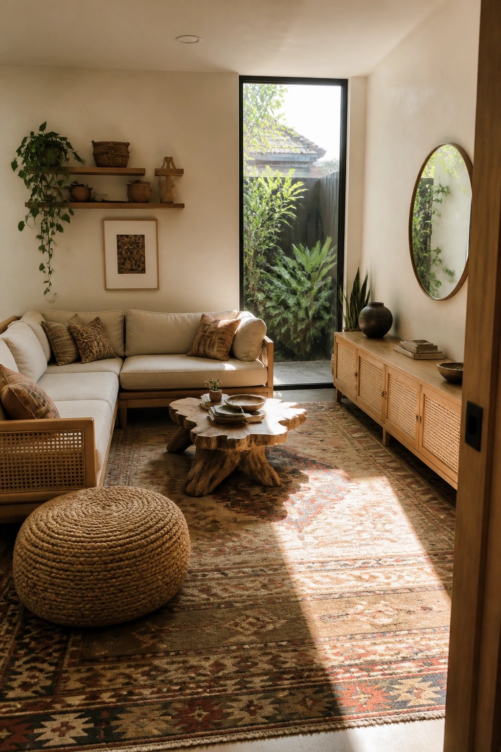 A bright living room featuring a light wood sectional sofa with rattan sides, a wooden coffee table, a woven floor pouf, and a large patterned rug.
