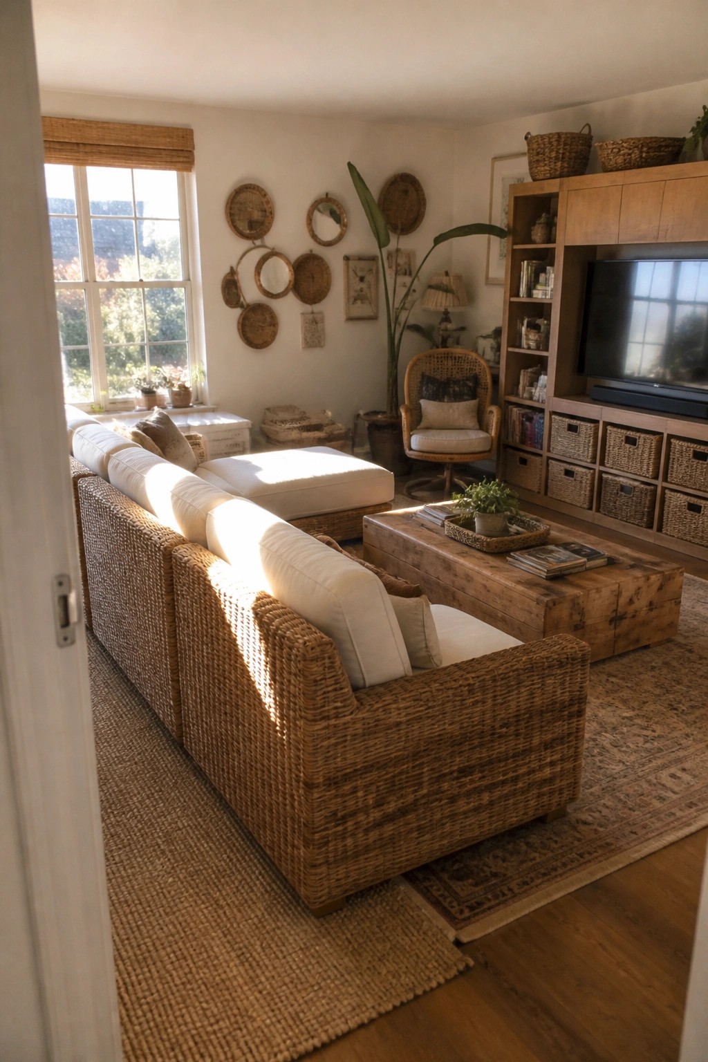 A bright living room with a large rattan sofa, light wood coffee table, woven accent chair, and built-in wood entertainment center holding books and baskets.