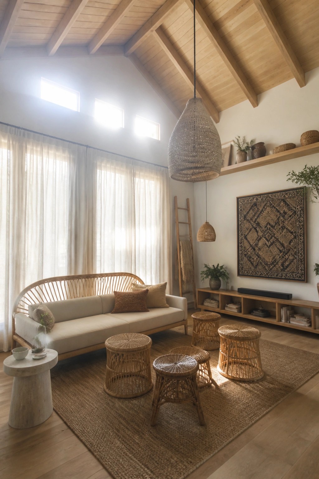 A bright living room featuring a rattan sofa, several woven rattan stools on a jute rug, light wood flooring and ceiling beams, sheer curtains, and a wooden media console with wall art.