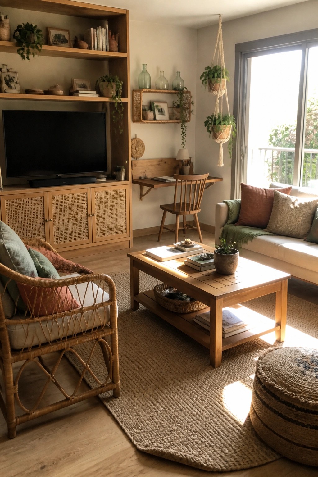 A bright living room with a rattan armchair in the foreground, a light wood coffee table on a jute rug, a wooden TV console with cane doors, and a sofa with pillows near a large window.