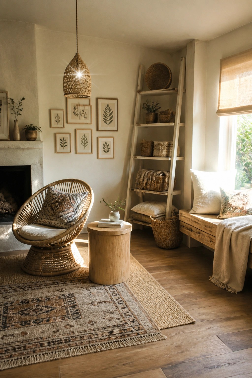 Cozy bohemian nook with rattan chair, wooden ladder shelf, jute rug, and sunlit window seat