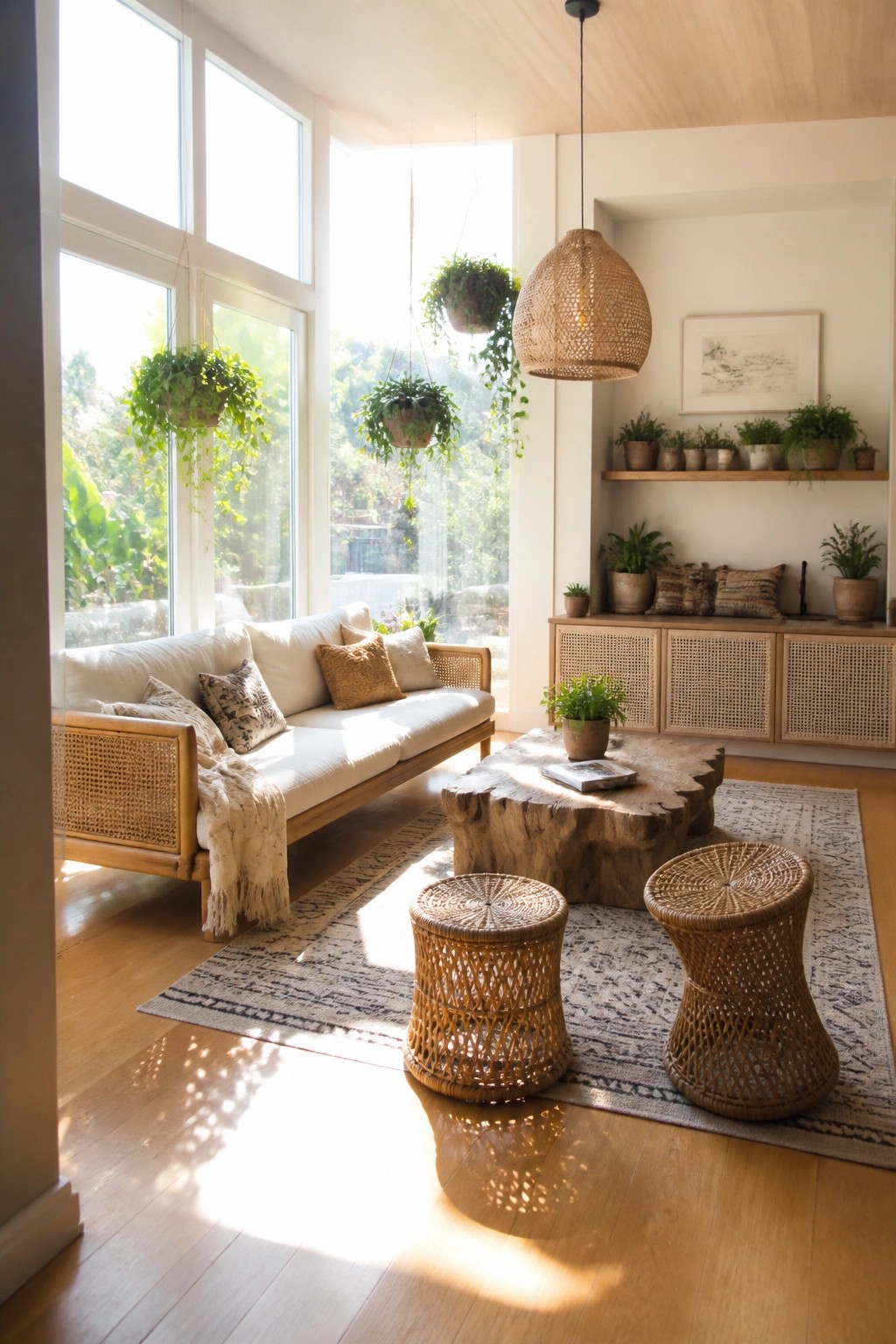 A living room with a light wood framed sofa, wooden coffee table, two rattan stools on a patterned rug, hanging plants, and large windows with sunlight.