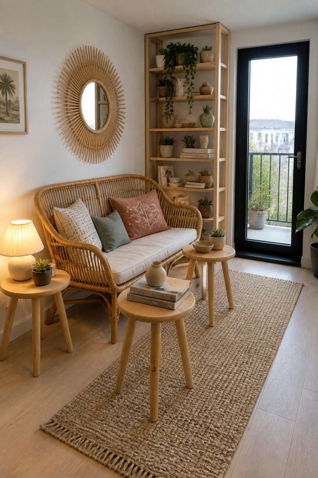 A light-filled living room corner with a rattan sofa, light wood stools and tables, a woven rug, potted plants, and a tall wooden shelf beside a glass door.