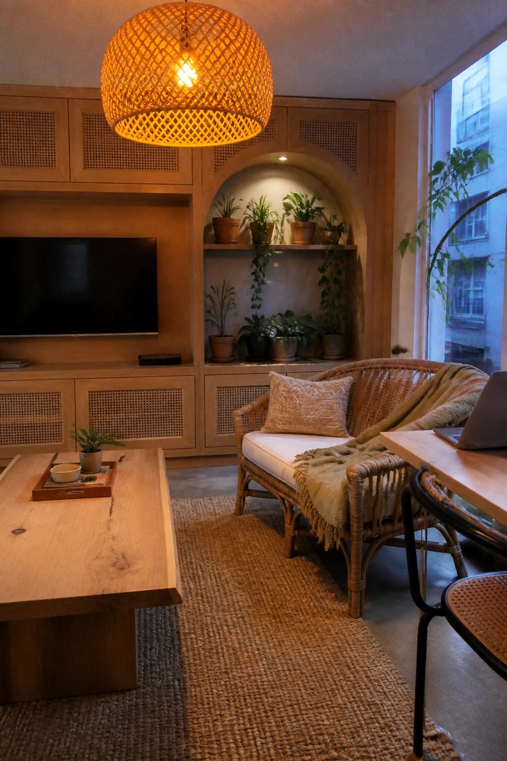 A living room with light wood built-in cabinetry and shelving, a rattan loveseat with a cushion, a wooden coffee table, and a large woven pendant light overhead.
