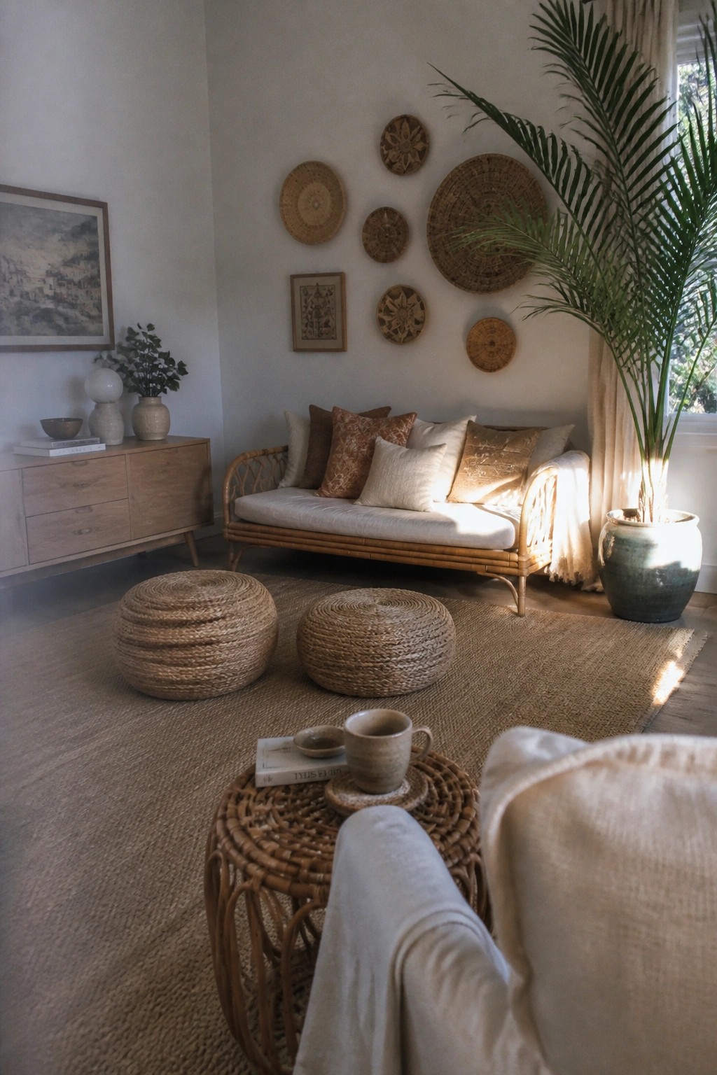 A living room with a rattan sofa, light wood console table, woven wall baskets, jute rug, and two round woven ottomans.