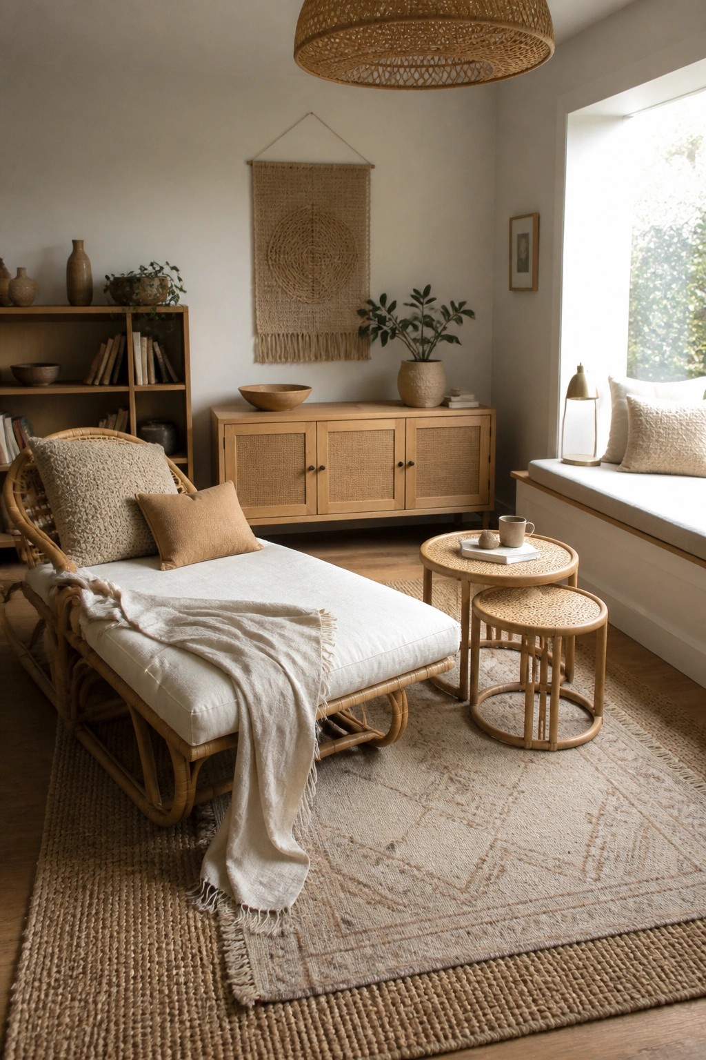 A living room with a rattan chaise lounge on a woven rug, a light wood cabinet against the wall, and neutral textiles throughout the space.