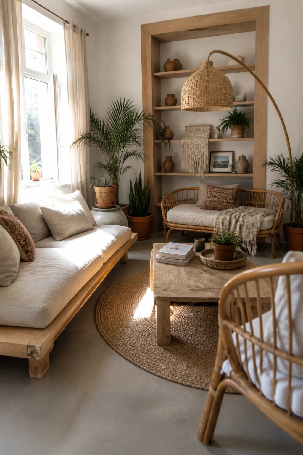 A bright living room featuring a light wood sofa, rattan seating, a wooden coffee table on a round jute rug, and built-in light wood shelves holding plants and pottery.