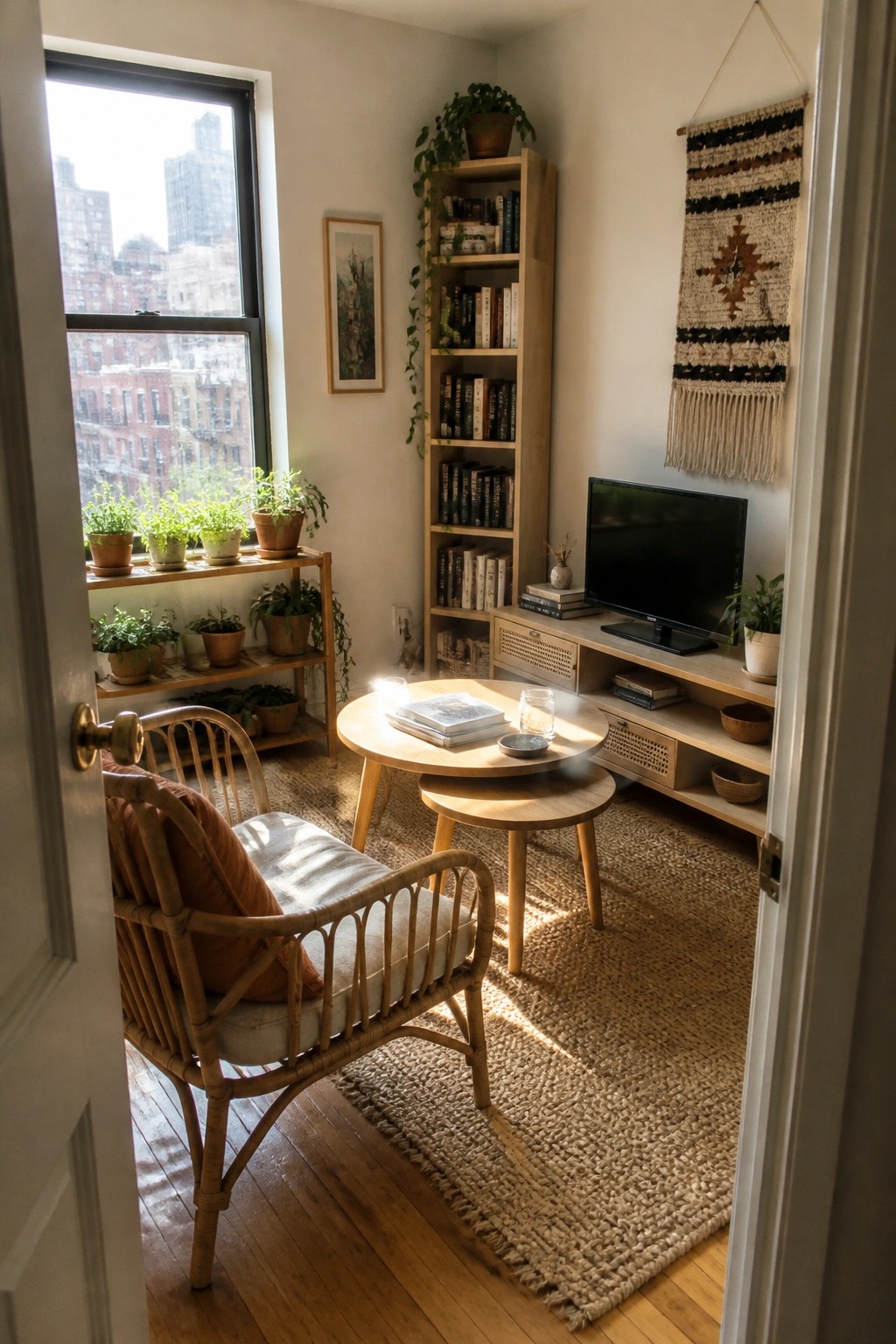 A living room with a rattan armchair, round light wood coffee tables, woven rug, tall bookshelf, and television console against white walls.