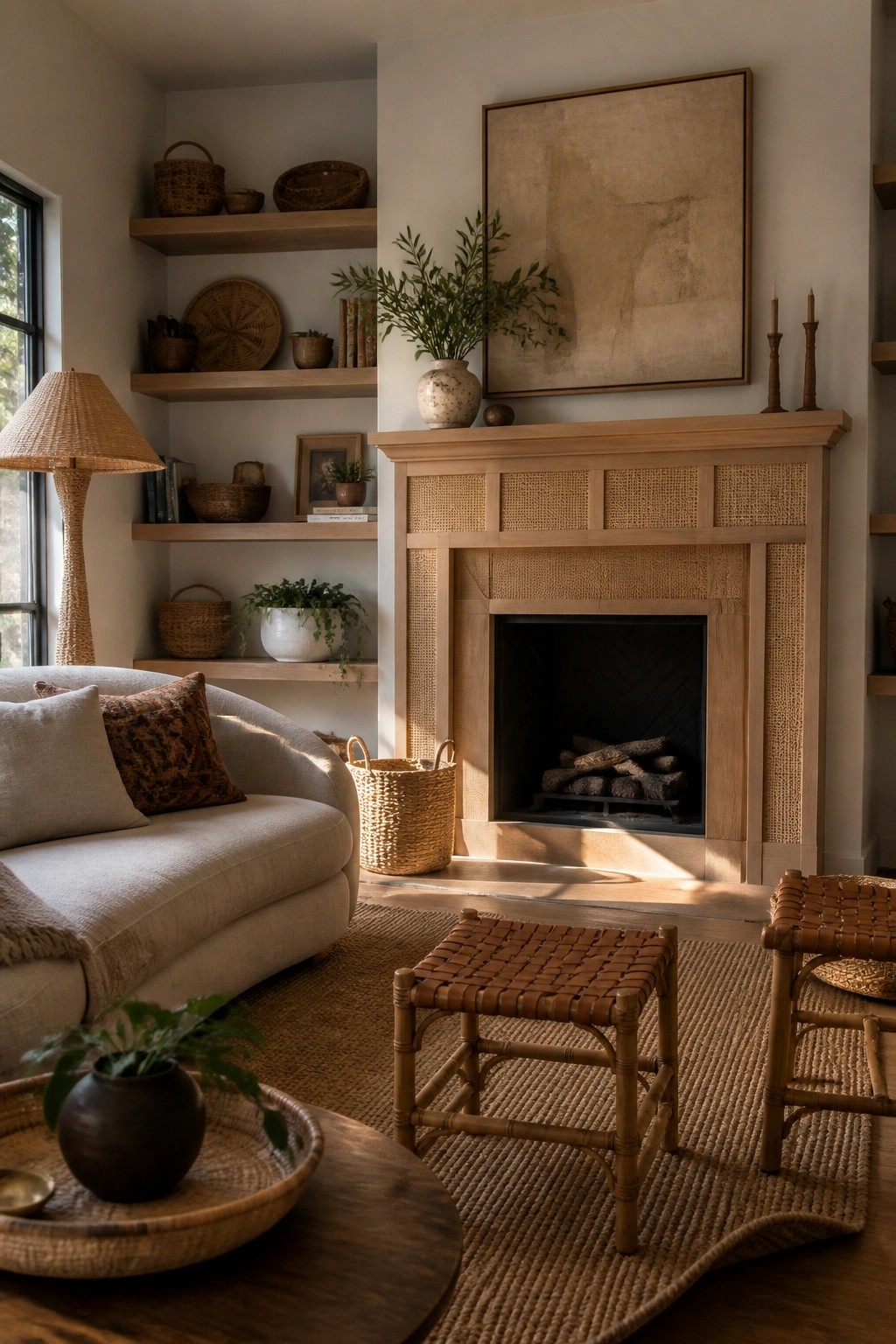 A living room with a light wood fireplace mantel featuring woven rattan panels, a curved sofa, two woven stools on a jute rug, and built-in shelves holding baskets and plants.