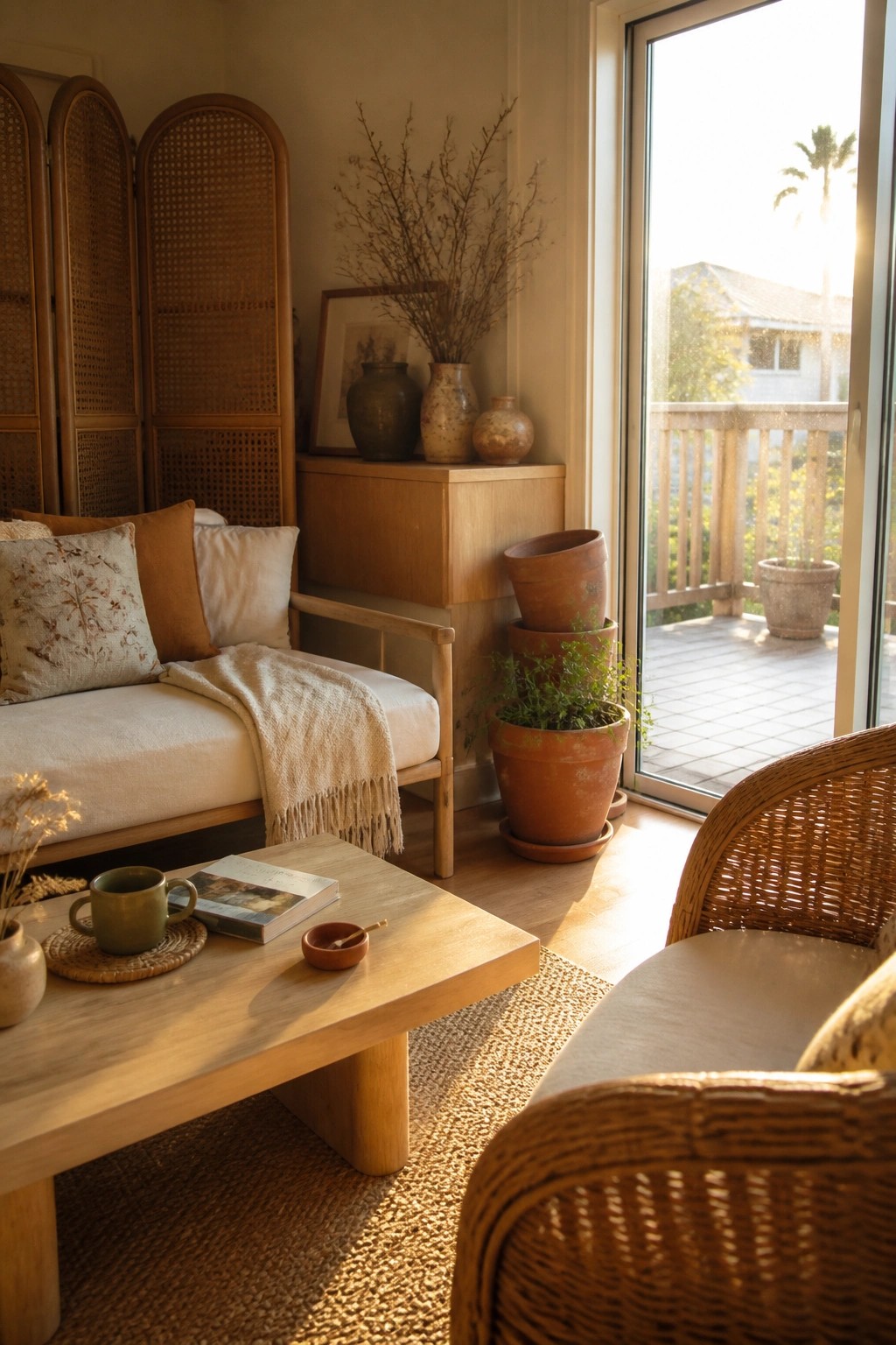 Cozy sunlit room with wooden sofa, coffee table, wicker chair, and terracotta plants.