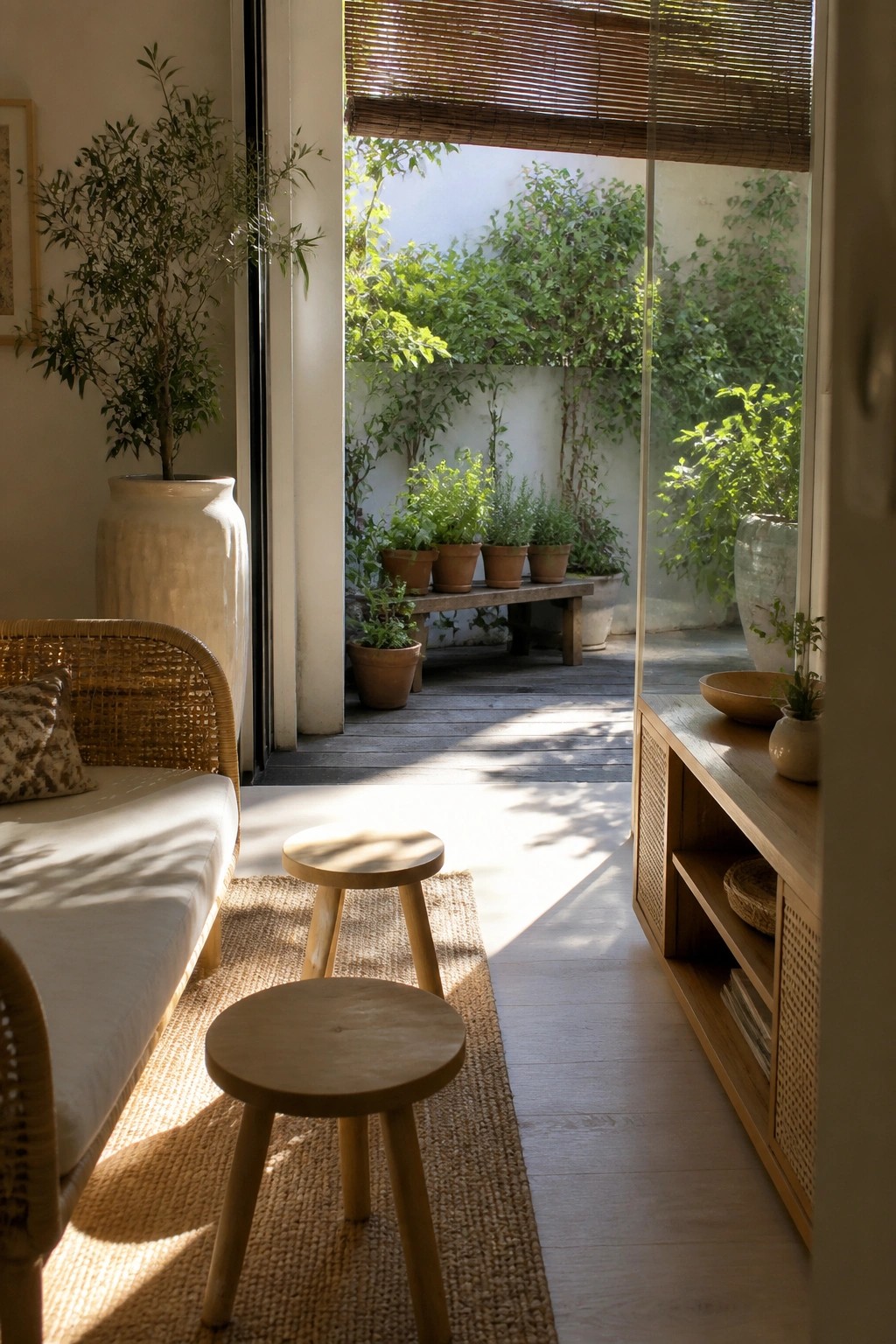 Interior view of a living area with a rattan chair, two light wood stools on a jute rug, a wooden console, and an open door leading to a patio with potted plants.