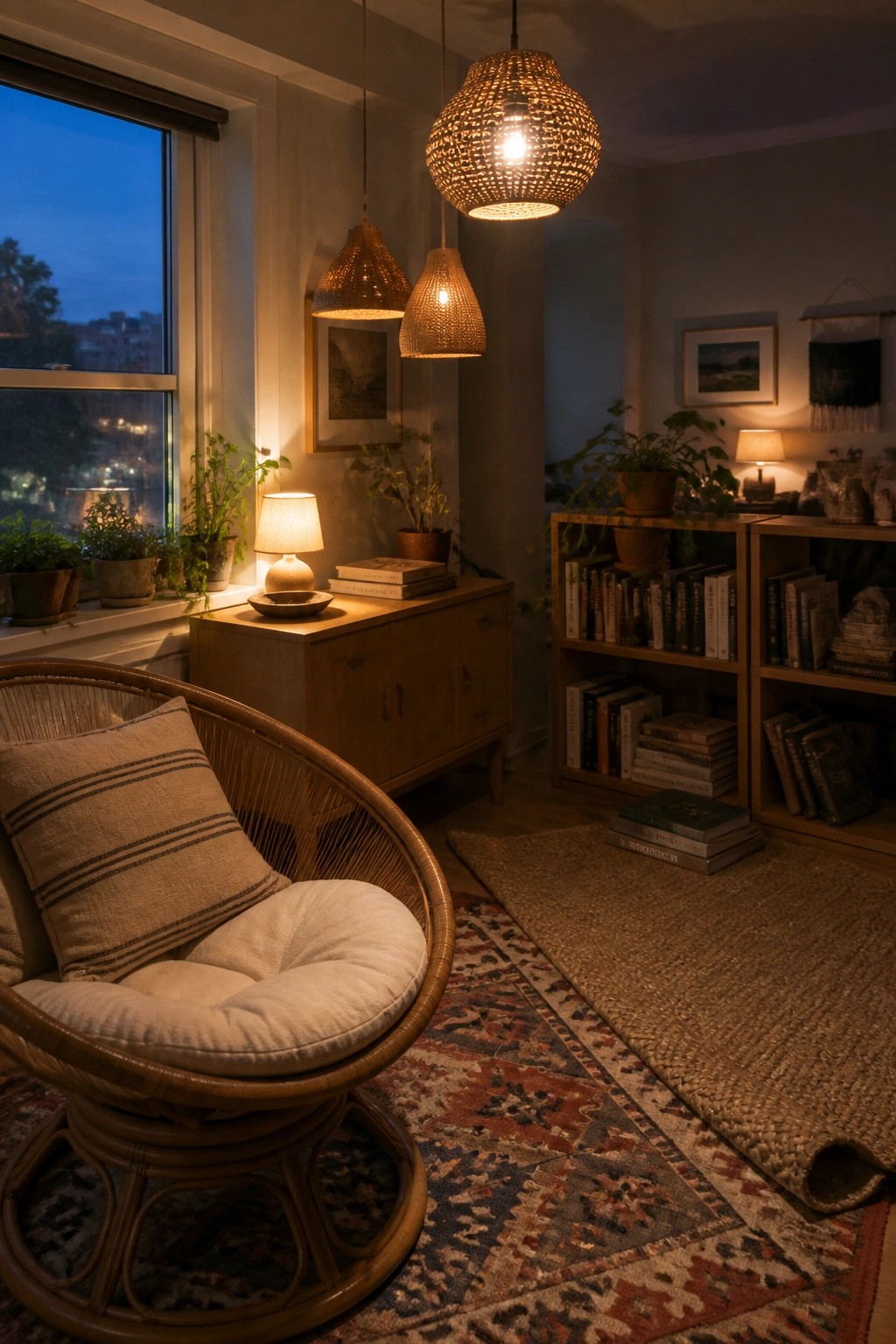 A living room corner featuring a rattan swivel chair with cushions, a light wood cabinet, bookshelves, potted plants, and woven pendant lights.