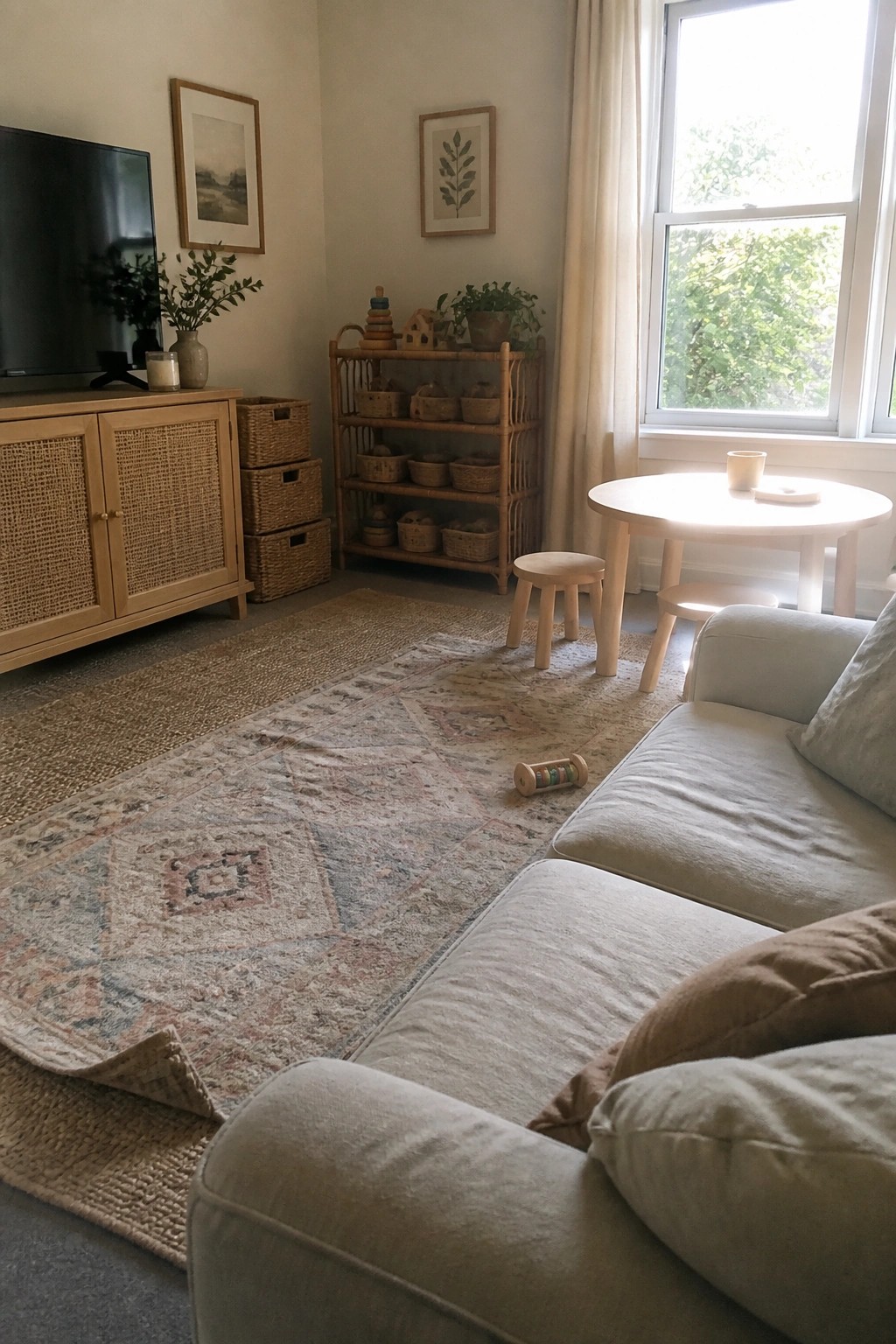 A living room corner with a light wood TV console, a tall rattan shelving unit holding woven baskets and toys, two small wooden stools, a round table, and a large patterned rug.