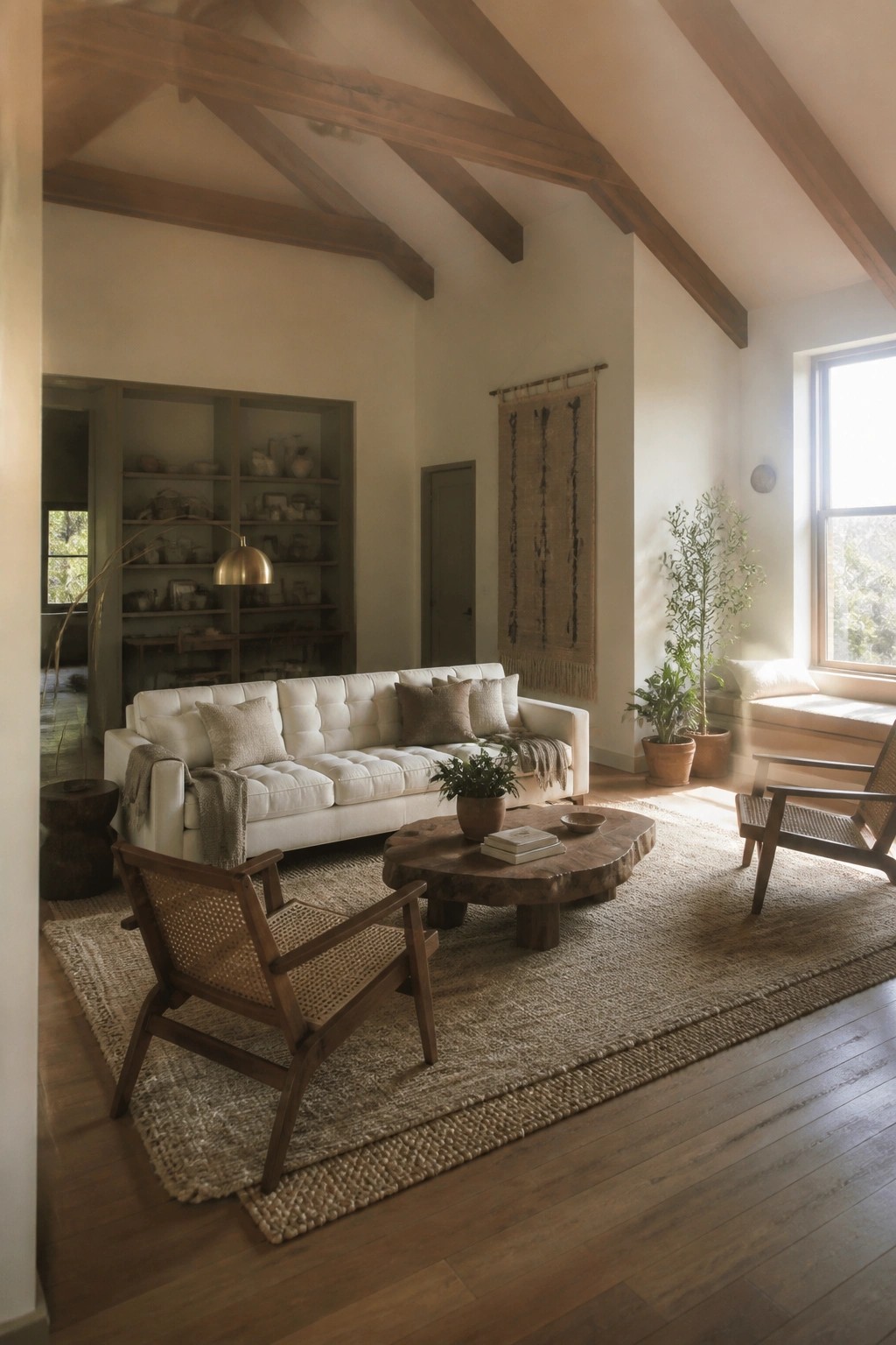 A bright neutral living room with a white sofa, wooden coffee table, two woven wood chairs, layered jute rugs, and built-in shelves with pottery.