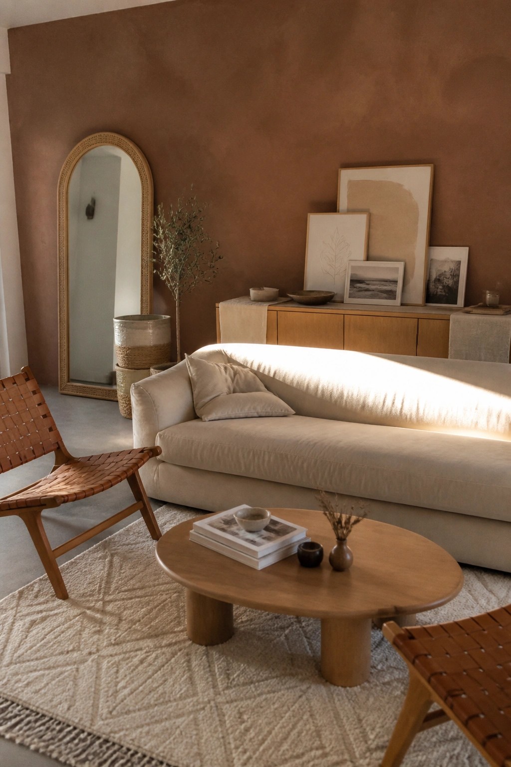 A neutral living room featuring a cream sofa, round wood coffee table, two woven leather strap chairs, and a terracotta wall with framed art and a large arched mirror.