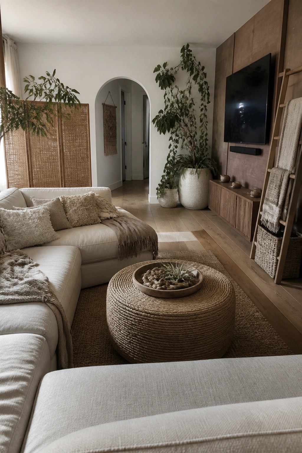 A neutral living room featuring a cream sectional sofa, a large round woven ottoman on a jute rug, and several tall potted plants beside a wooden media console.