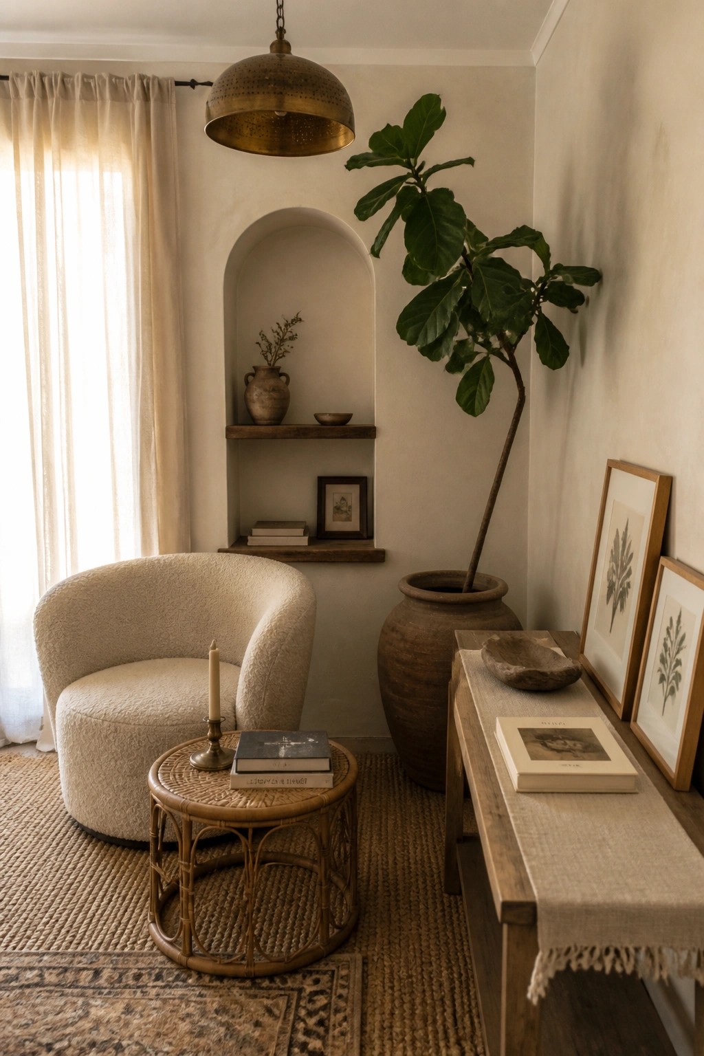 A neutral boho living room corner with a white boucle chair beside a rattan table, a large potted plant in a clay pot, and a built-in arched niche holding a vase and small items on wooden shelves.
